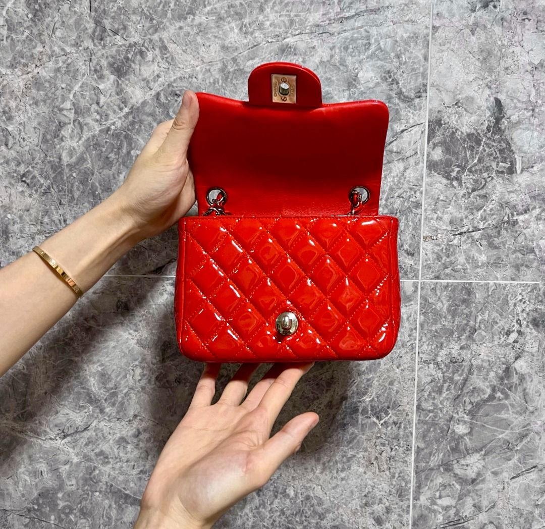 Chanel Mini Square Classic Flap Patent Leather Red No 18 - Luxury Evermore