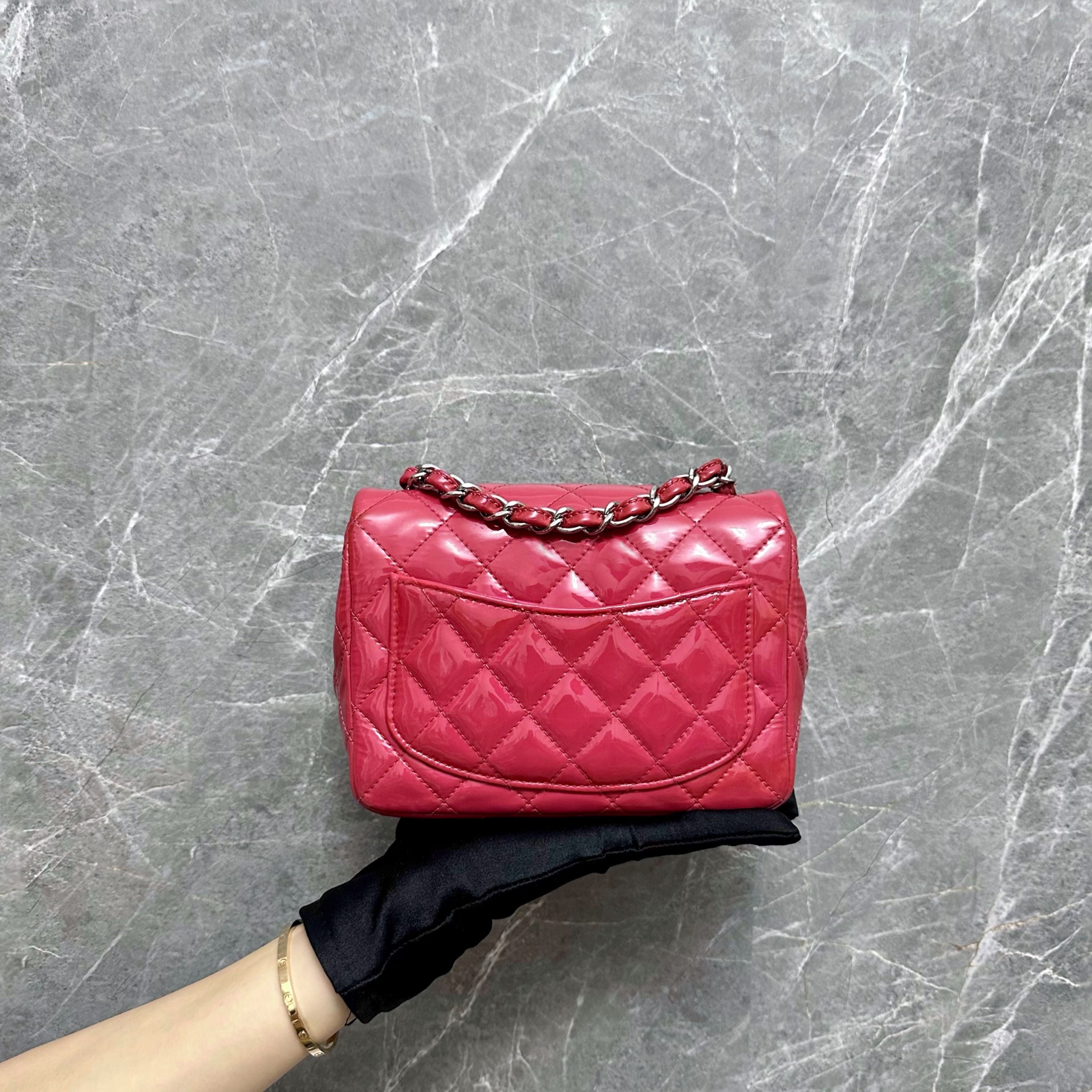 Chanel Mini Square Classic Flap Patent Pink SHW No 19 - Luxury Evermore