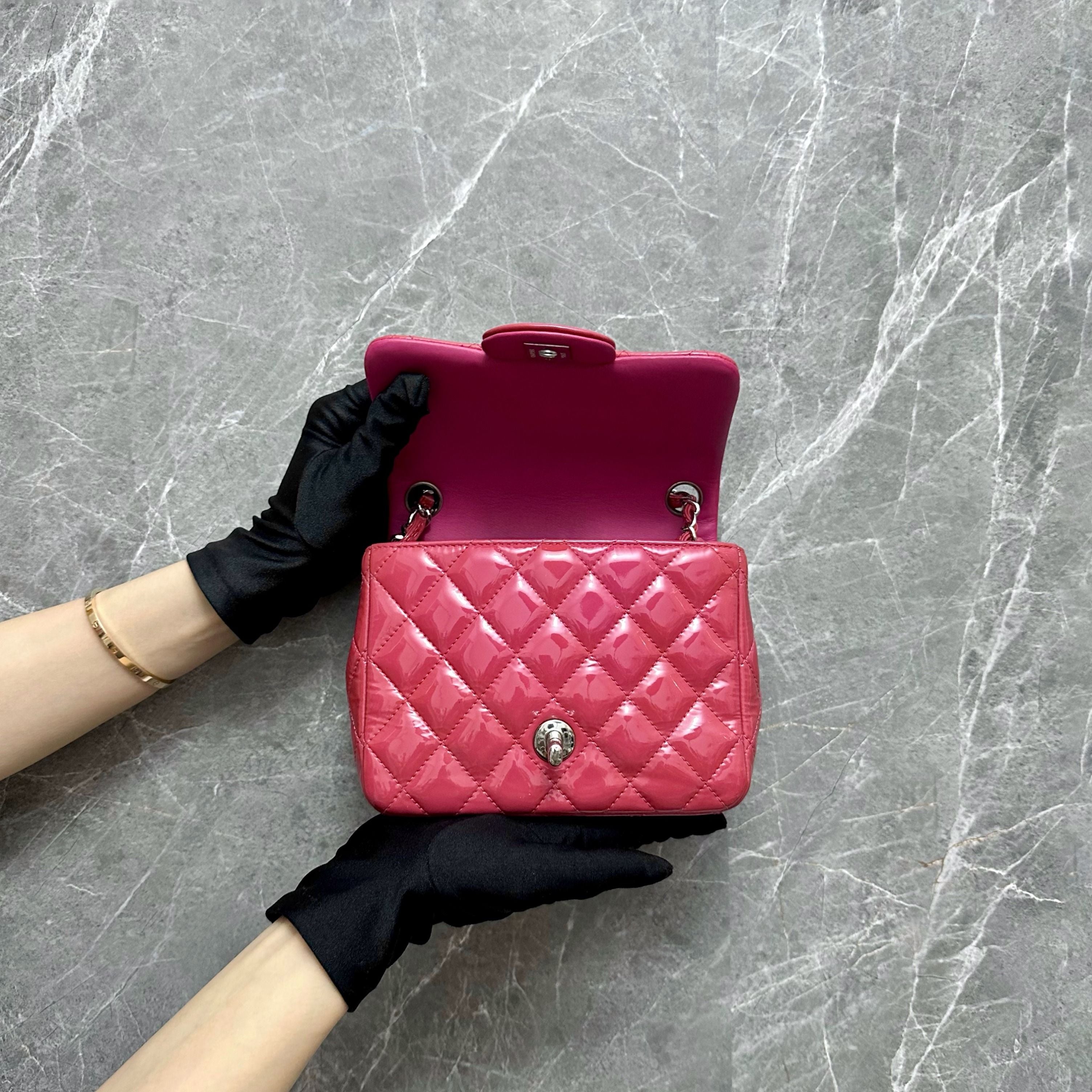 Chanel Mini Square Classic Flap Patent Pink SHW No 19 - Luxury Evermore