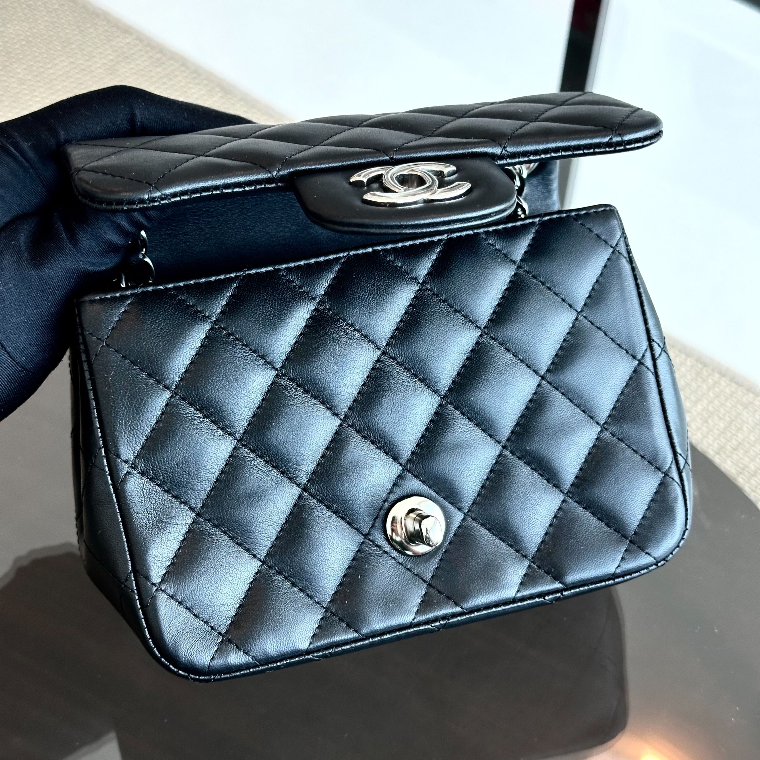 Chanel Mini Square Classic Flap Quilted Lambskin Black SHW No 13 - Luxury Evermore