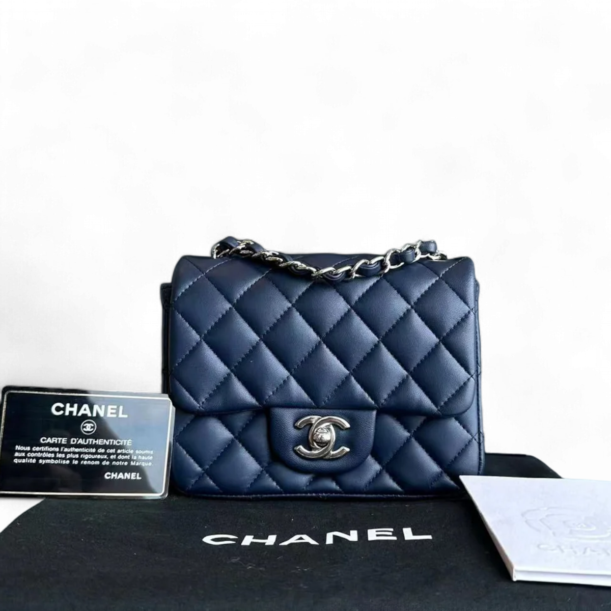 Chanel Mini Square Classic Flap Quilted Lambskin Dark Navy Blue Silver Hardware Series 22