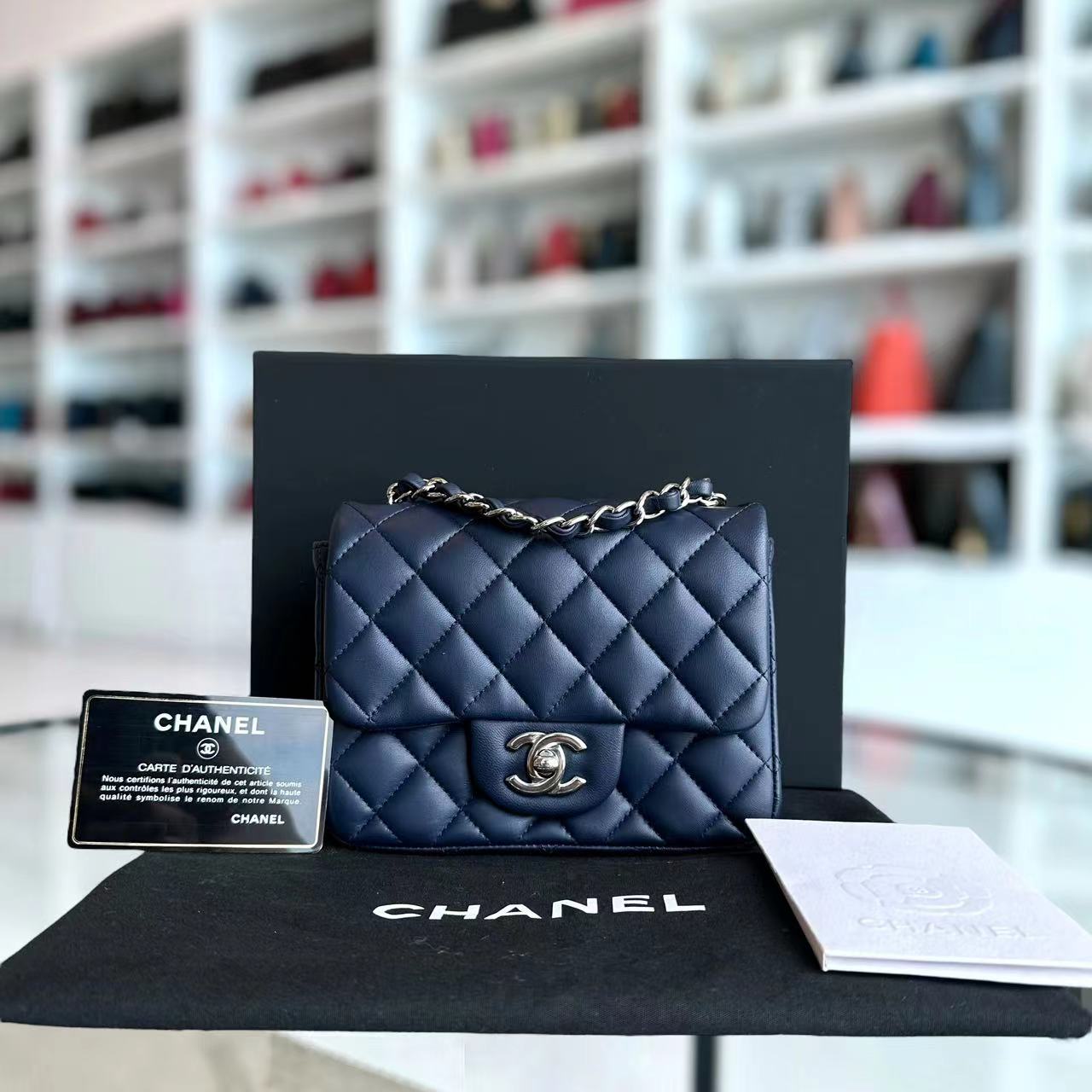 Chanel Mini Square Classic Flap Quilted Lambskin Dark Navy Blue Silver Hardware Series 22 - Luxury Evermore