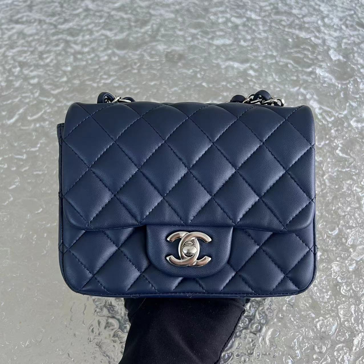 Chanel Mini Square Classic Flap Quilted Lambskin Dark Navy Blue Silver Hardware Series 22 - Luxury Evermore