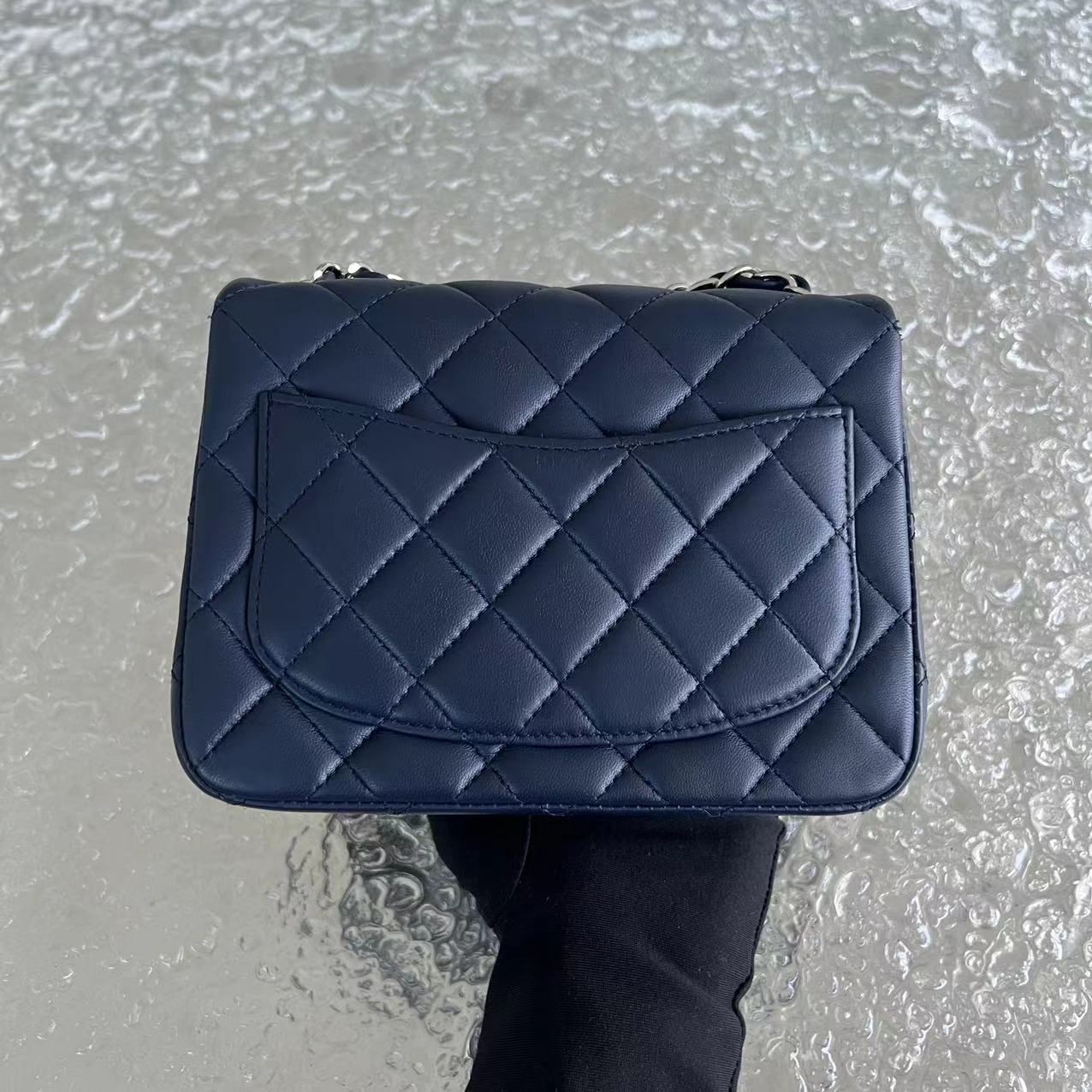 Chanel Mini Square Classic Flap Quilted Lambskin Dark Navy Blue Silver Hardware Series 22 - Luxury Evermore