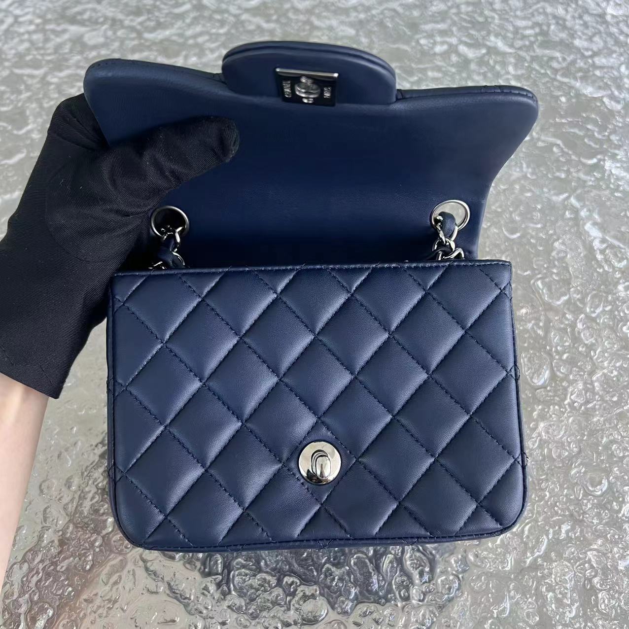 Chanel Mini Square Classic Flap Quilted Lambskin Dark Navy Blue Silver Hardware Series 22 - Luxury Evermore