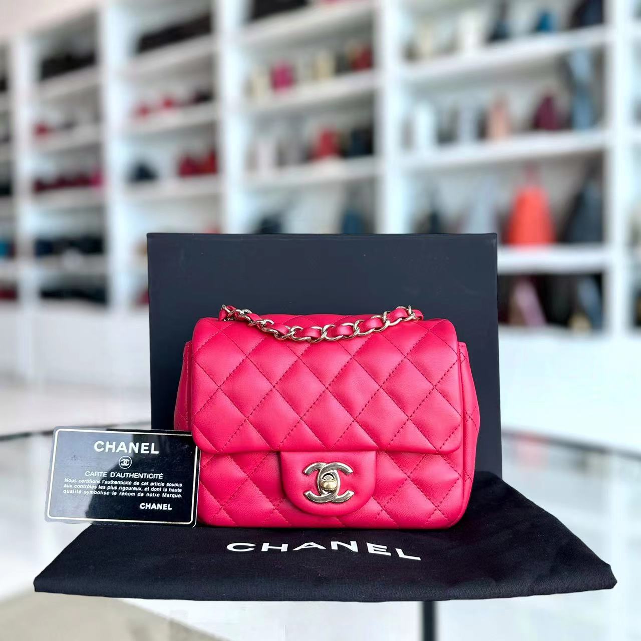 Chanel Mini Square Classic Flap Quilted Lambskin Hot Pink Golden Hardware Series 21 - Luxury Evermore