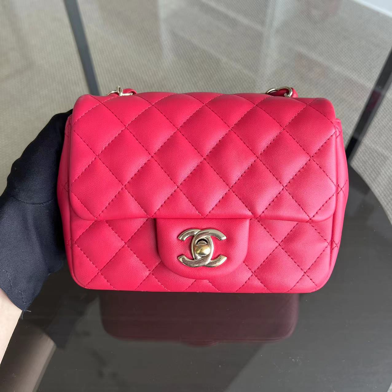 Chanel Mini Square Classic Flap Quilted Lambskin Hot Pink Golden Hardware Series 21 - Luxury Evermore