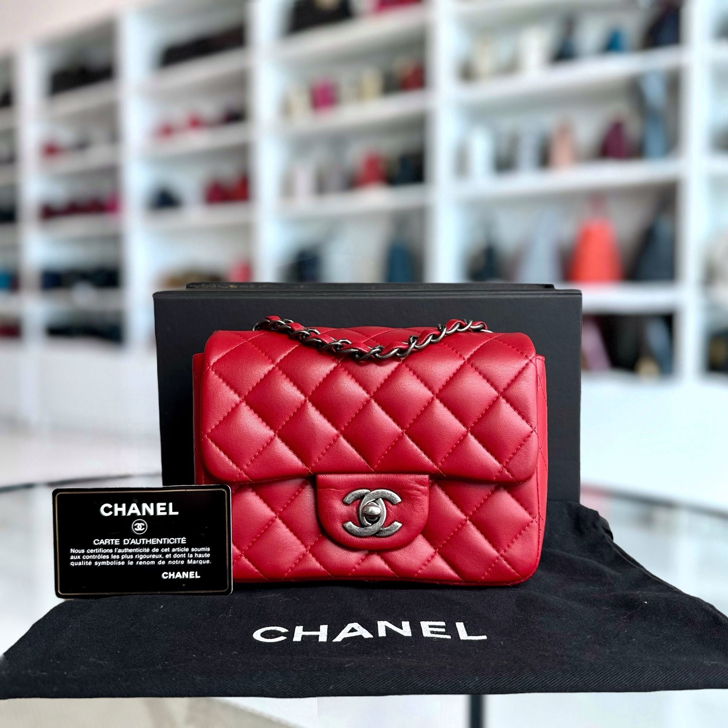 Chanel Mini Square Classic Flap Quilted Lambskin Red RSHW No 20 - Luxury Evermore