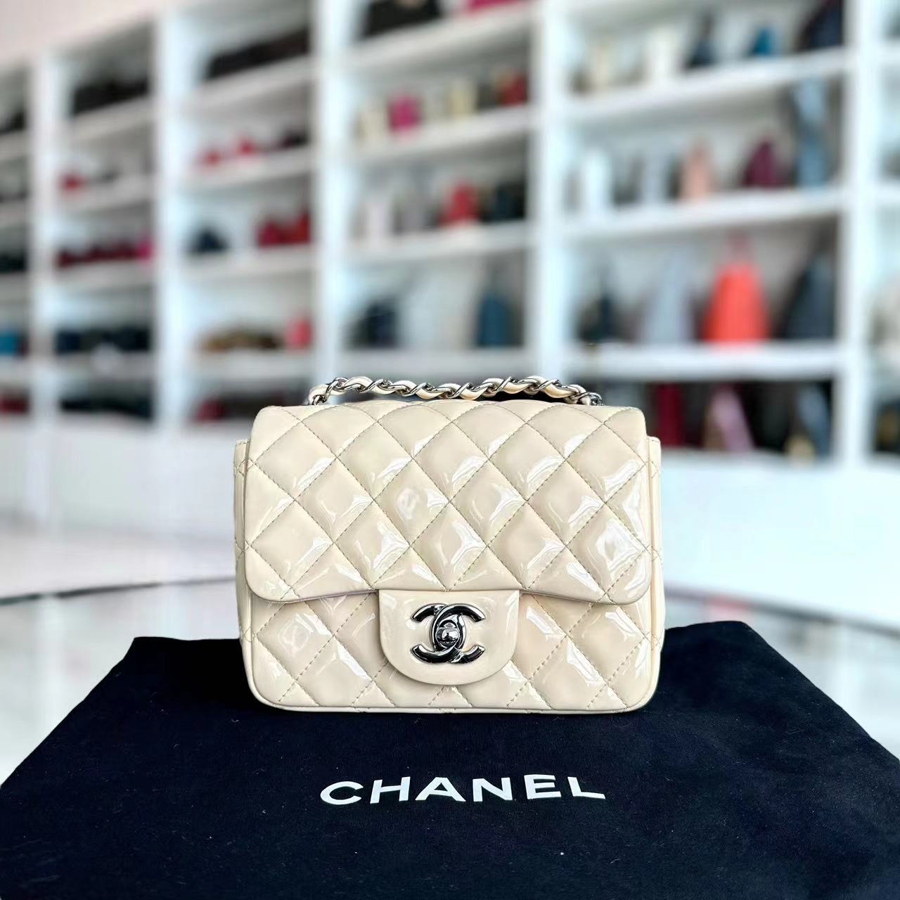 Chanel Mini Square Classic Flap Quilted Patent Calfskin Light Pink Yellow SHW No 17 - Luxury Evermore