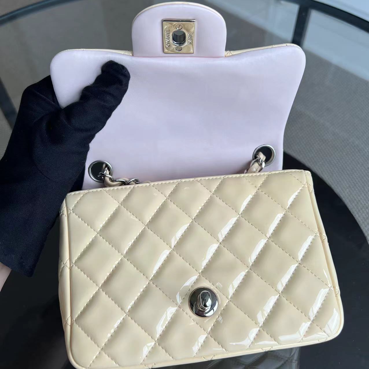 Chanel Mini Square Classic Flap Quilted Patent Calfskin Light Pink Yellow SHW No 17 - Luxury Evermore