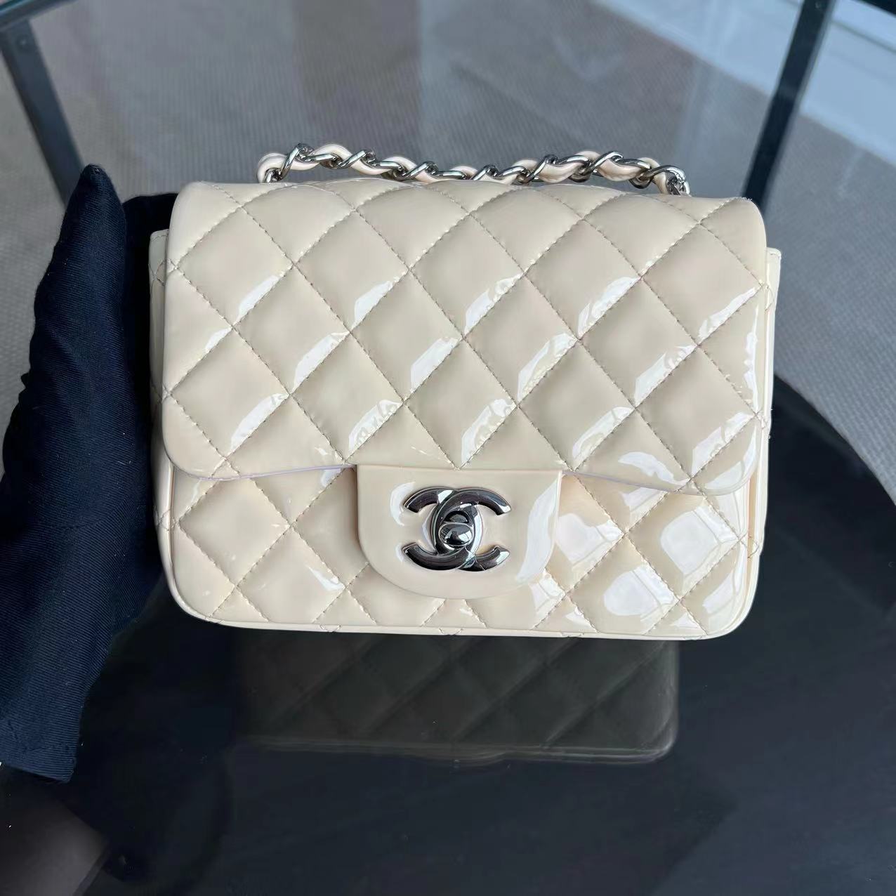 Chanel Mini Square Classic Flap Quilted Patent Calfskin Light Pink Yellow SHW No 17 - Luxury Evermore