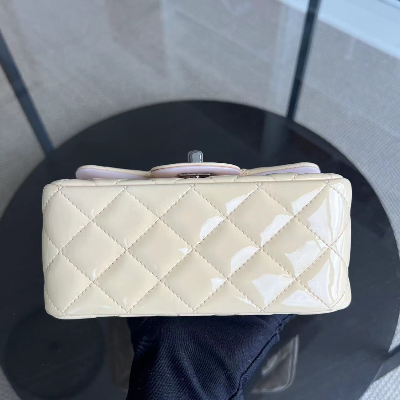 Chanel Mini Square Classic Flap Quilted Patent Calfskin Light Pink Yellow SHW No 17 - Luxury Evermore