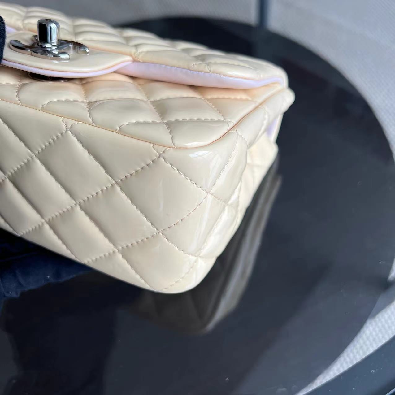 Chanel Mini Square Classic Flap Quilted Patent Calfskin Light Pink Yellow SHW No 17 - Luxury Evermore