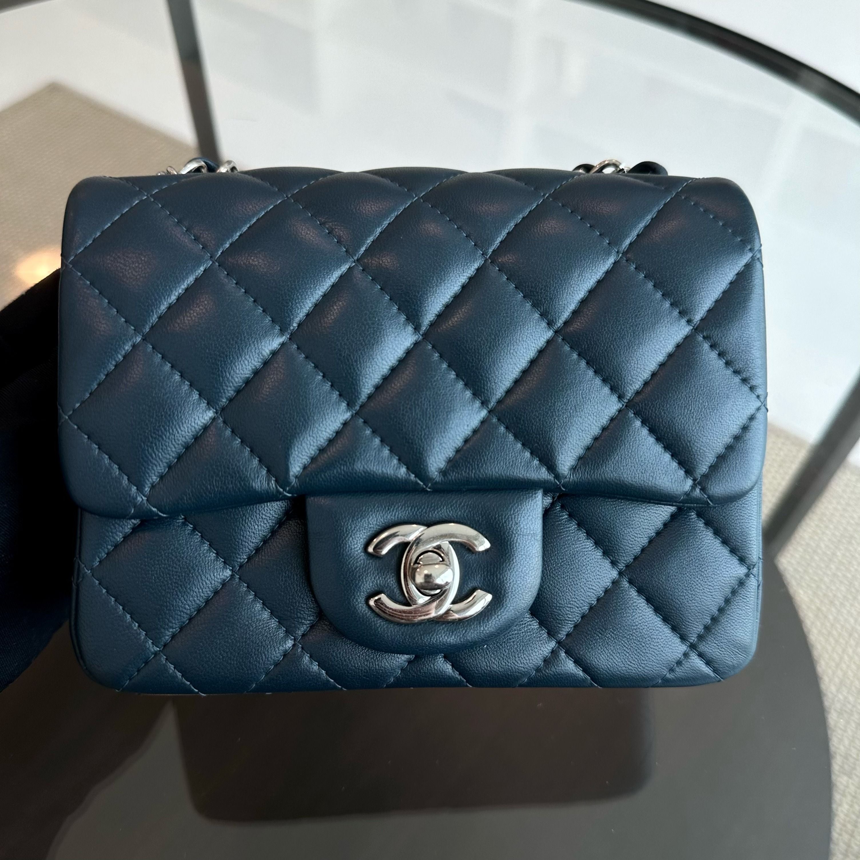 Chanel Mini Square Quilted Lambskin Dark Blue SHW No 26 - Luxury Evermore