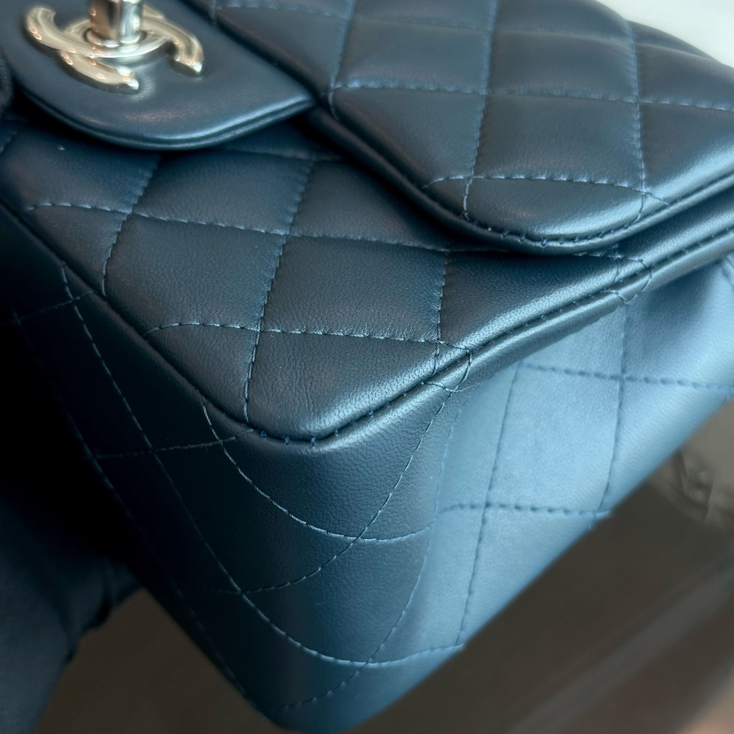 Chanel Mini Square Quilted Lambskin Dark Blue SHW No 26 - Luxury Evermore