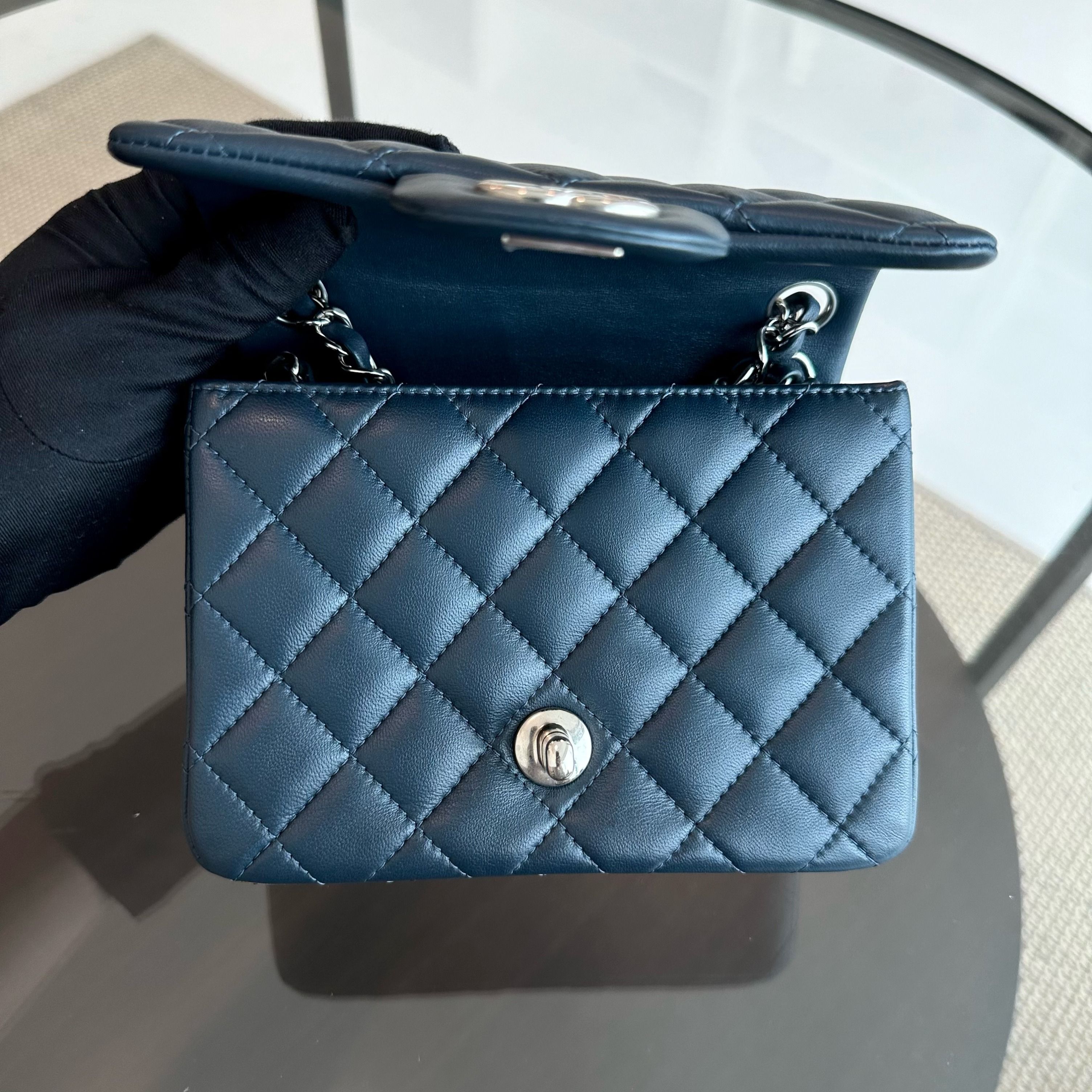 Chanel Mini Square Quilted Lambskin Dark Blue SHW No 26 - Luxury Evermore