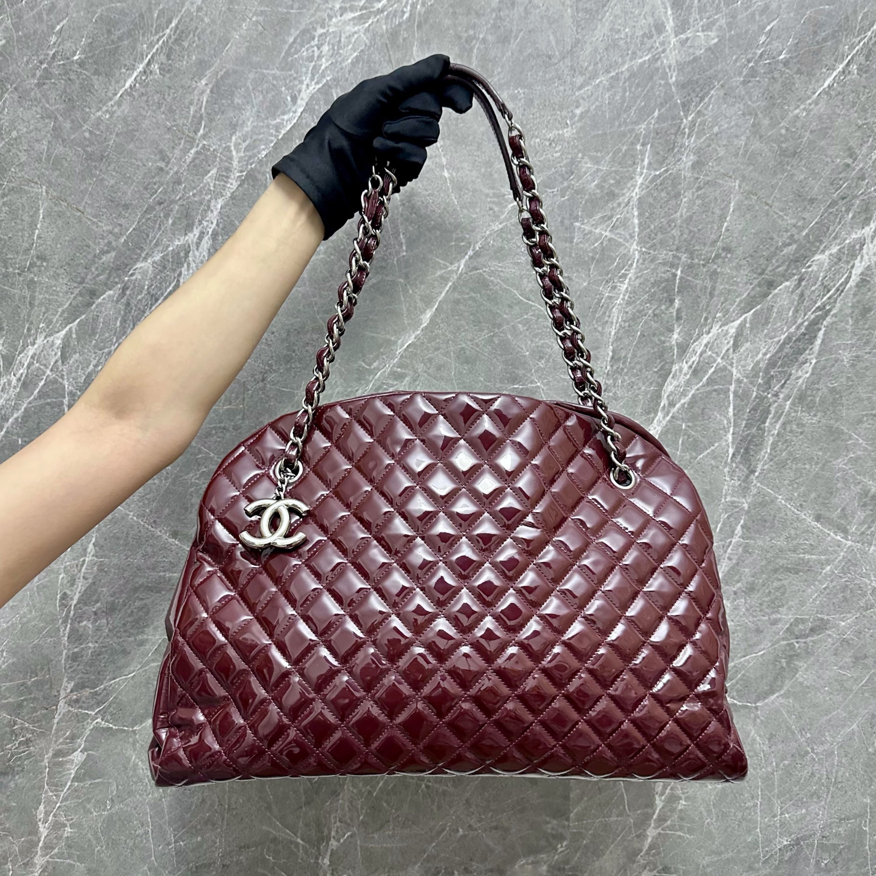 Chanel Modemoiselle Large Bowling Bag Burgundy Patent Leather - Luxury Evermore