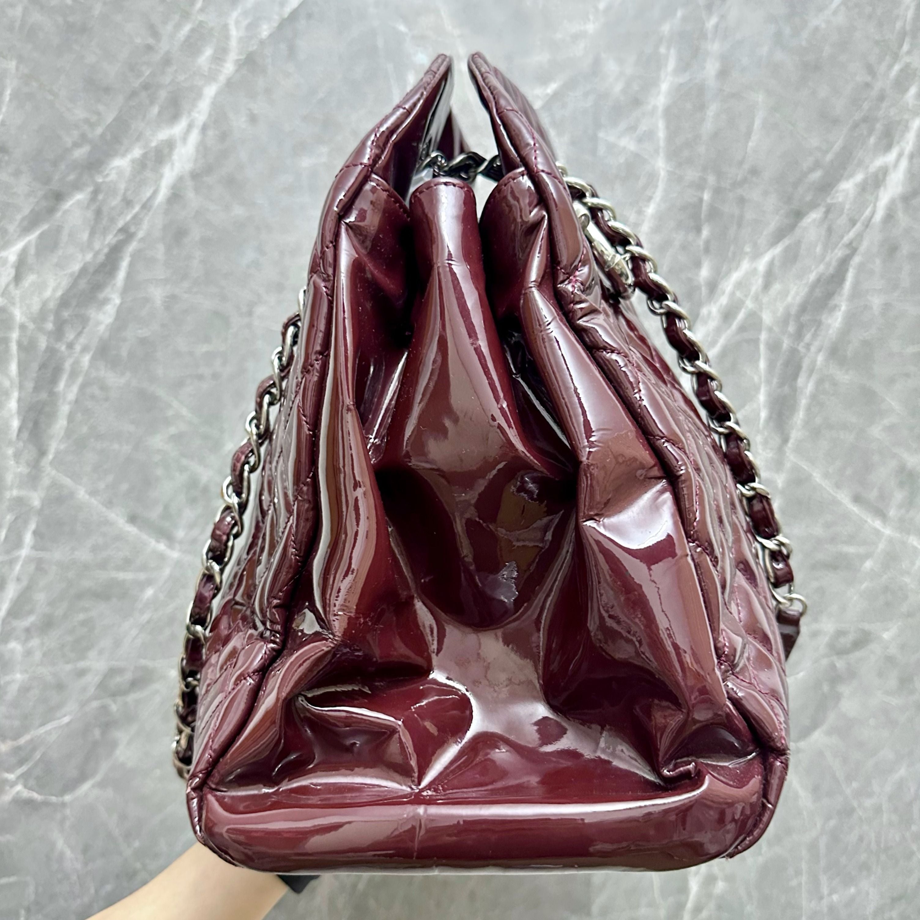 Chanel Modemoiselle Large Bowling Bag Burgundy Patent Leather - Luxury Evermore