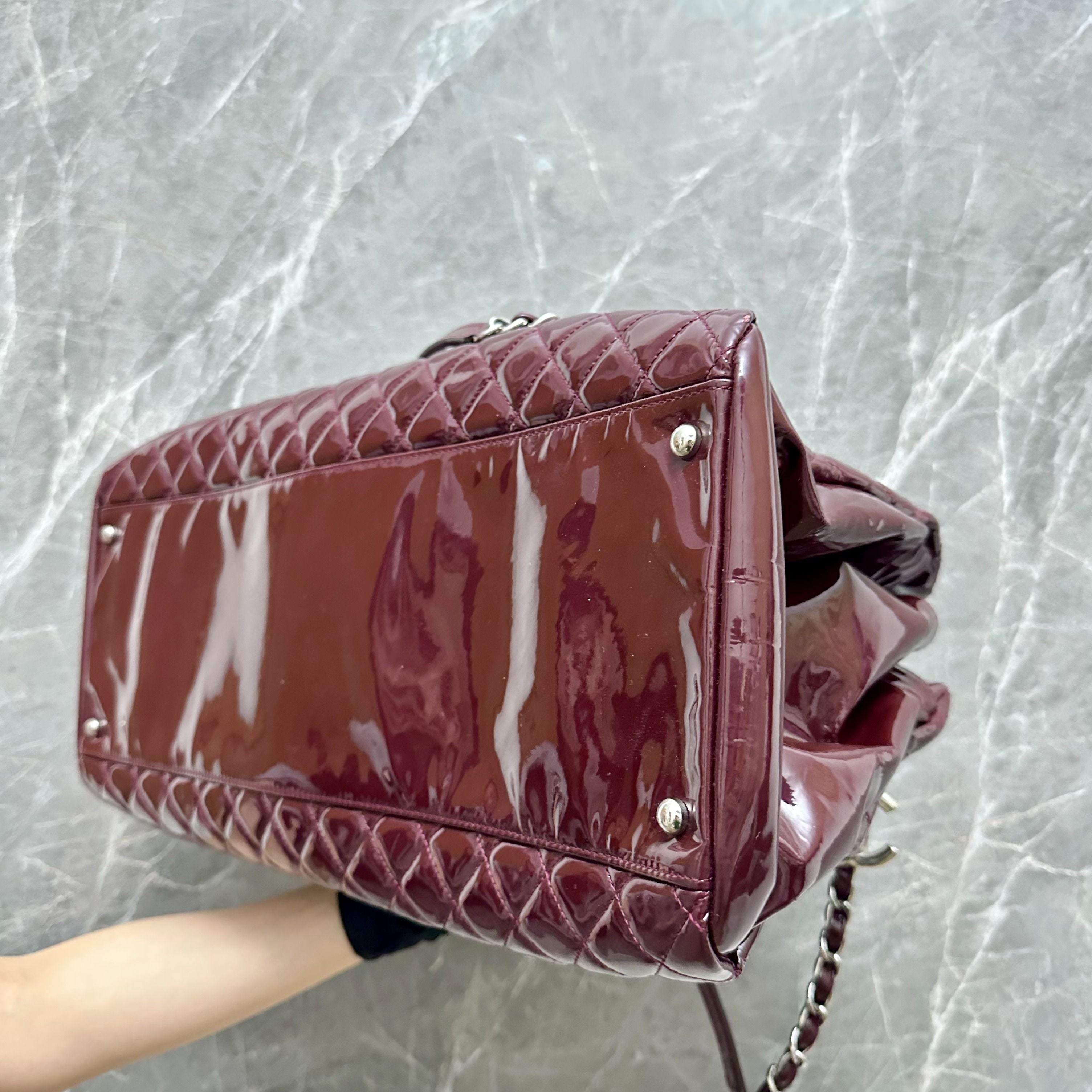 Chanel Modemoiselle Large Bowling Bag Burgundy Patent Leather - Luxury Evermore