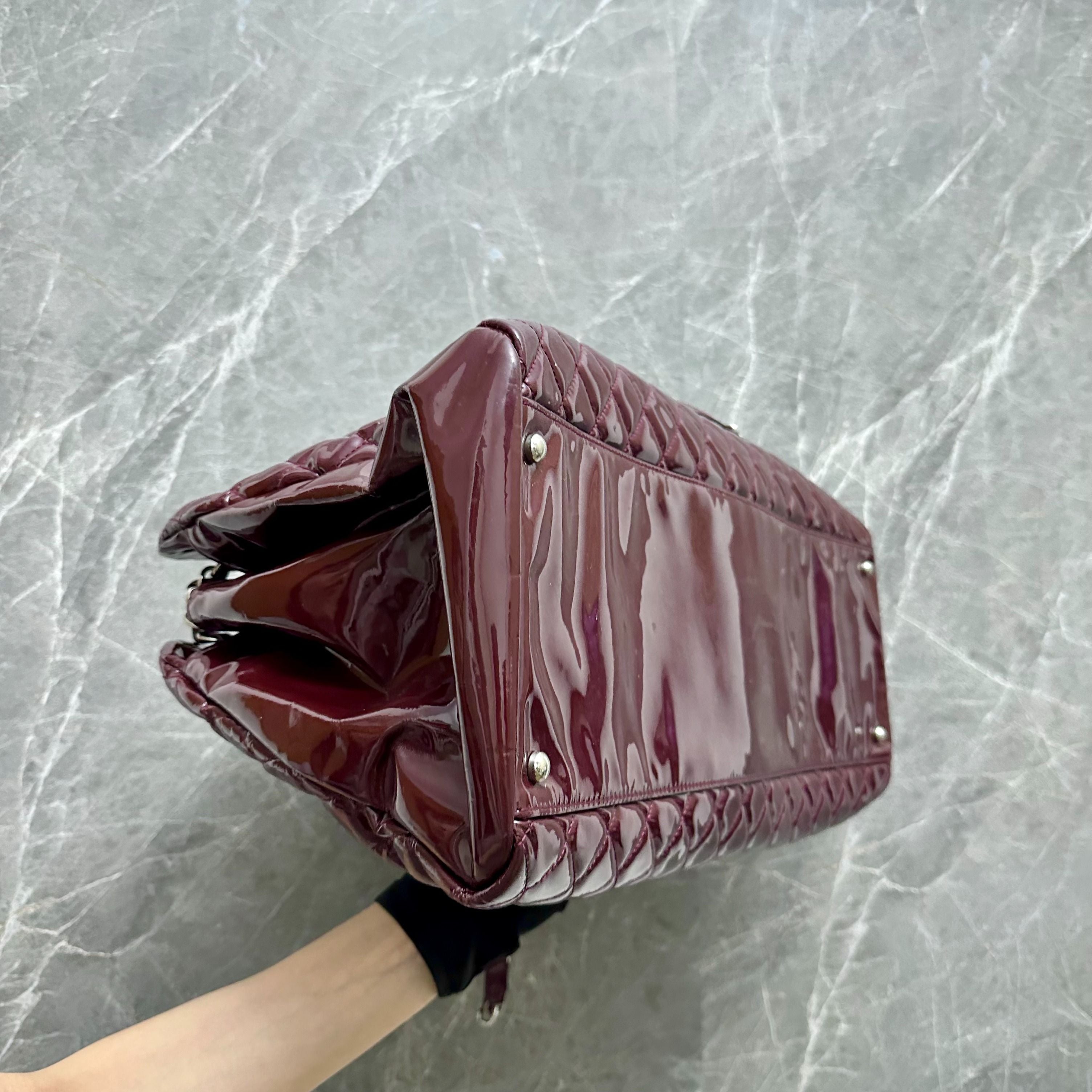 Chanel Modemoiselle Large Bowling Bag Burgundy Patent Leather - Luxury Evermore