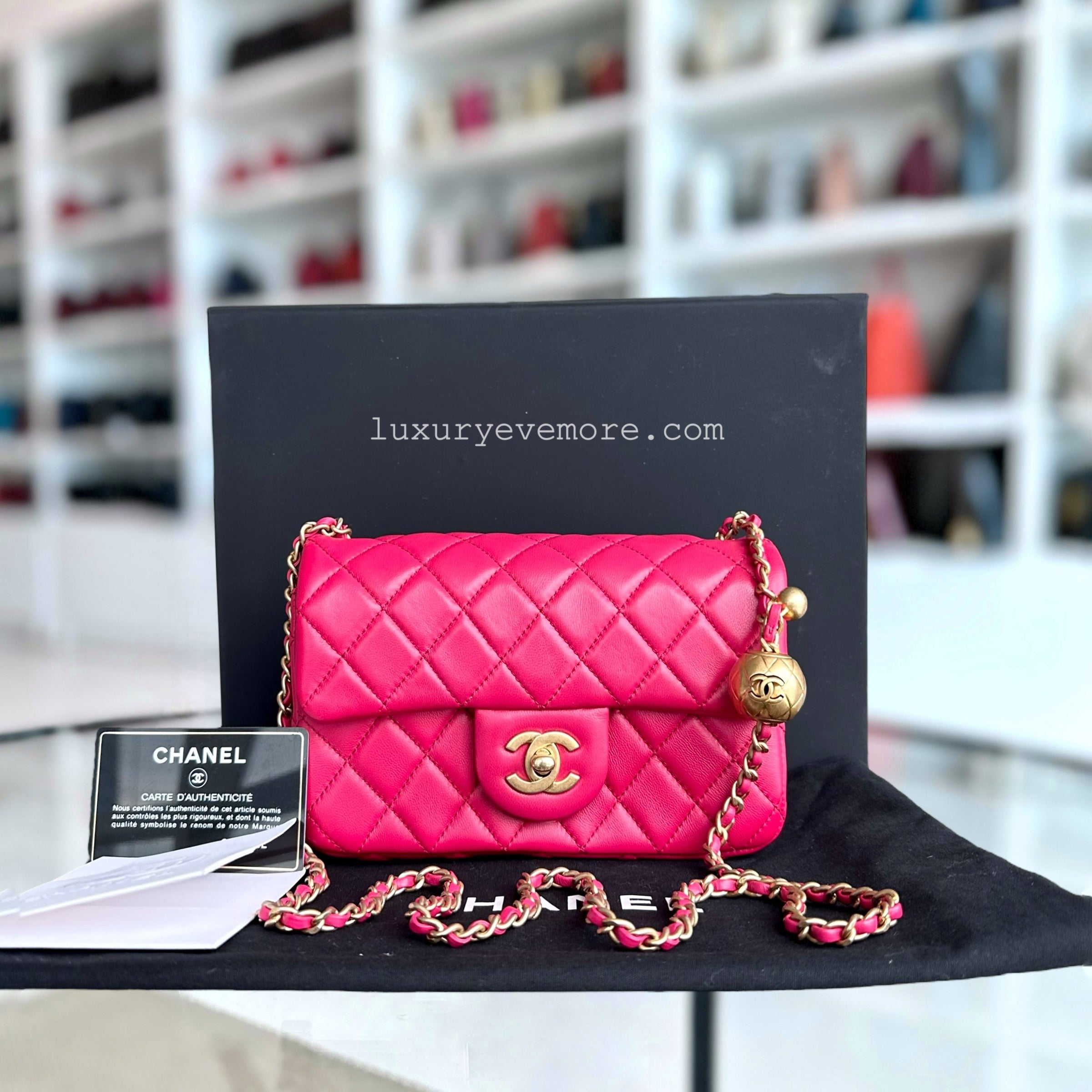 Chanel Pearl Crush Mini Rectangle Classic Flap Quilted Lambskin Hot Pink Golden Hardware Series 30 - Luxury Evermore