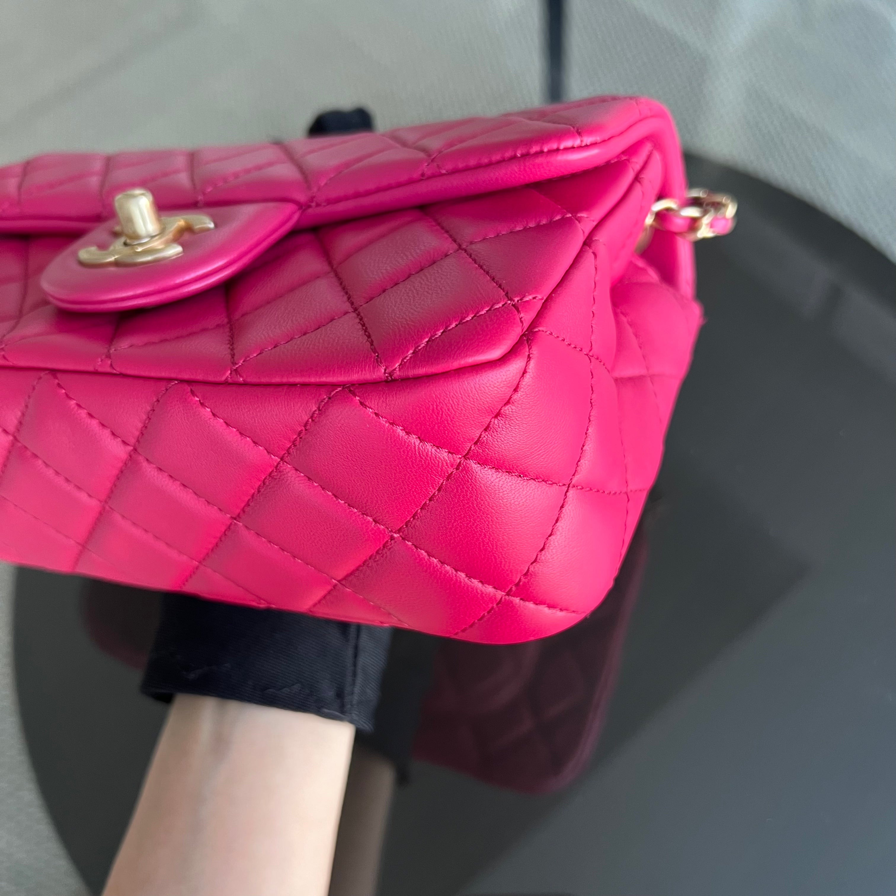 Chanel Pearl Crush Mini Rectangle Classic Flap Quilted Lambskin Hot Pink Golden Hardware Series 30 - Luxury Evermore