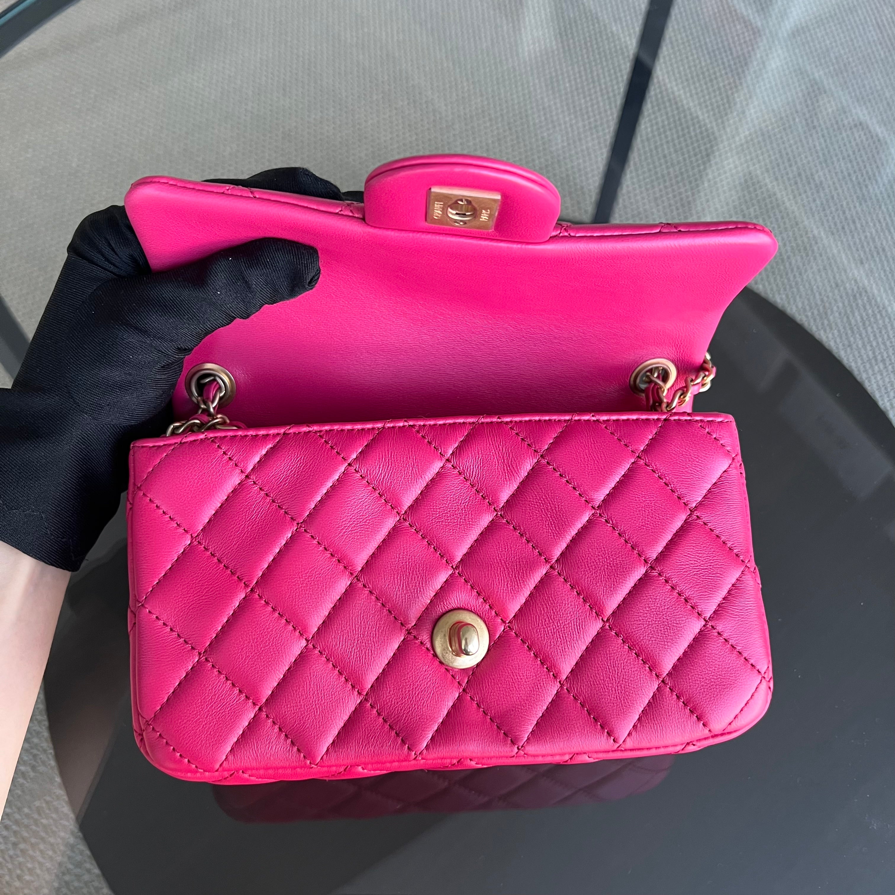 Chanel Pearl Crush Mini Rectangle Classic Flap Quilted Lambskin Hot Pink Golden Hardware Series 30 - Luxury Evermore