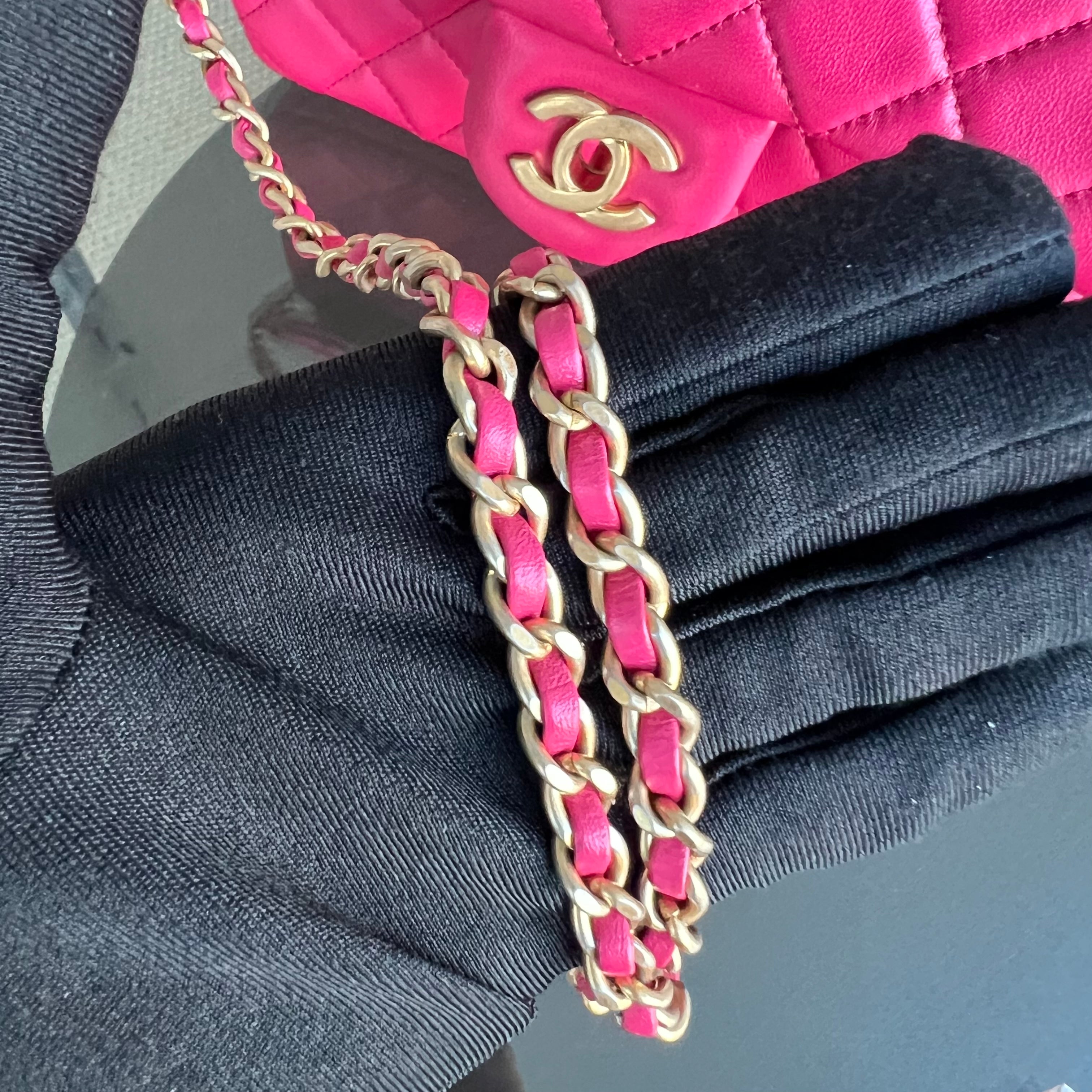 Chanel Pearl Crush Mini Rectangle Classic Flap Quilted Lambskin Hot Pink Golden Hardware Series 30 - Luxury Evermore