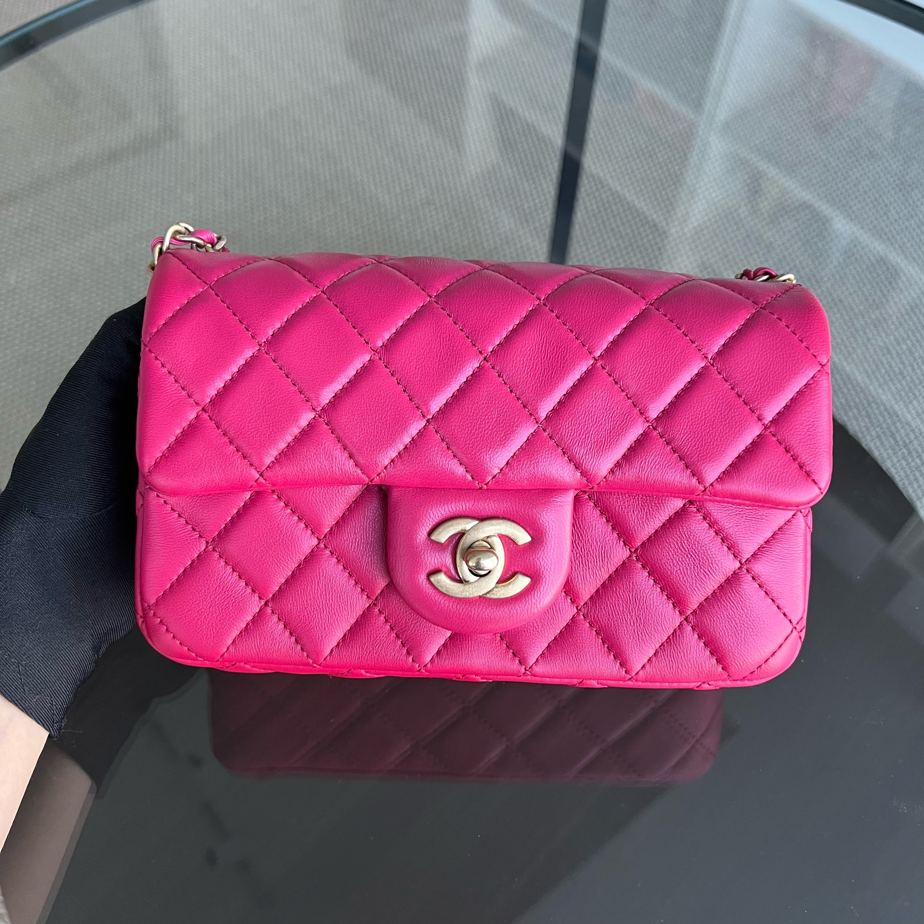 Chanel Pearl Crush Mini Rectangle Classic Flap Quilted Lambskin Hot Pink Golden Hardware Series 30 - Luxury Evermore