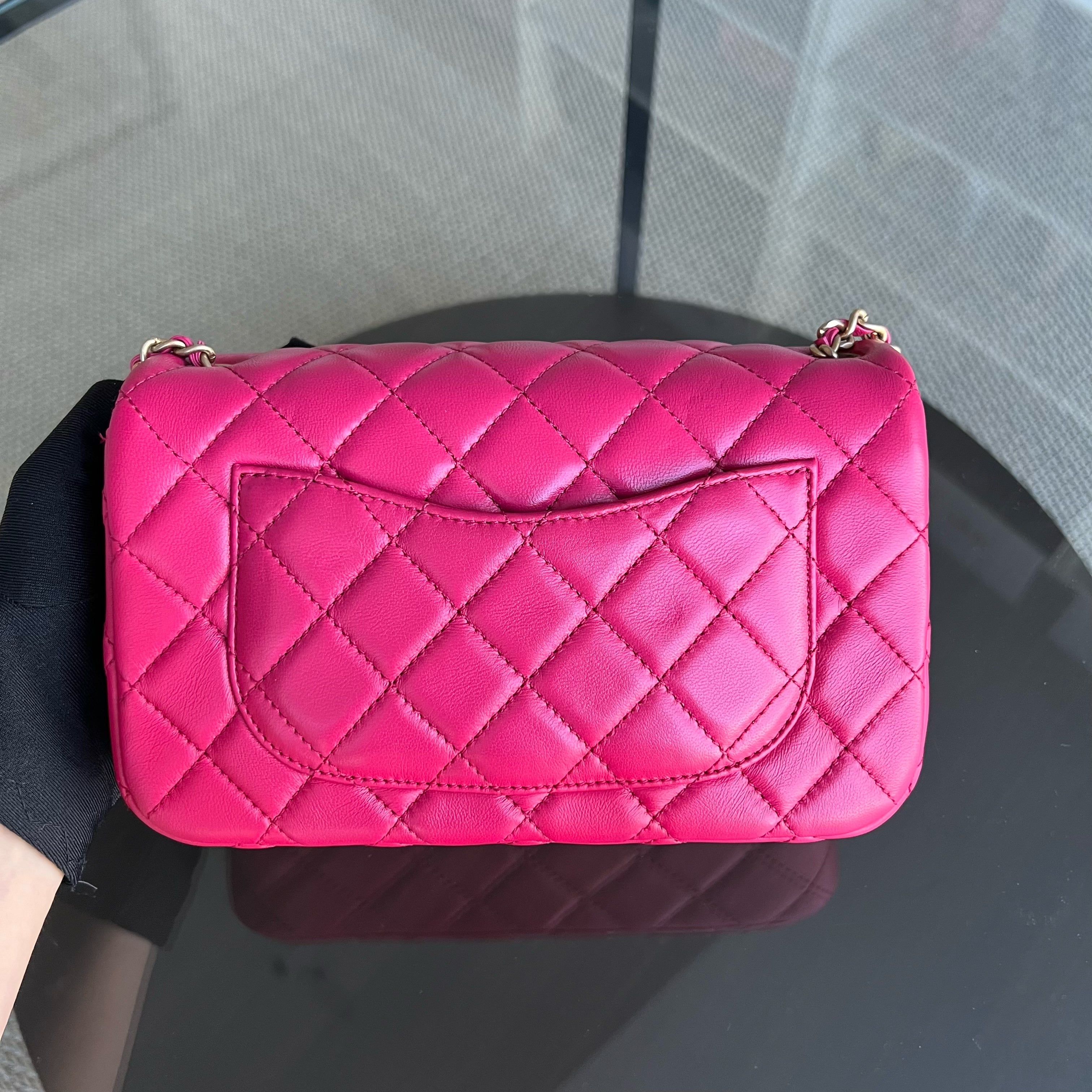 Chanel Pearl Crush Mini Rectangle Classic Flap Quilted Lambskin Hot Pink Golden Hardware Series 30 - Luxury Evermore