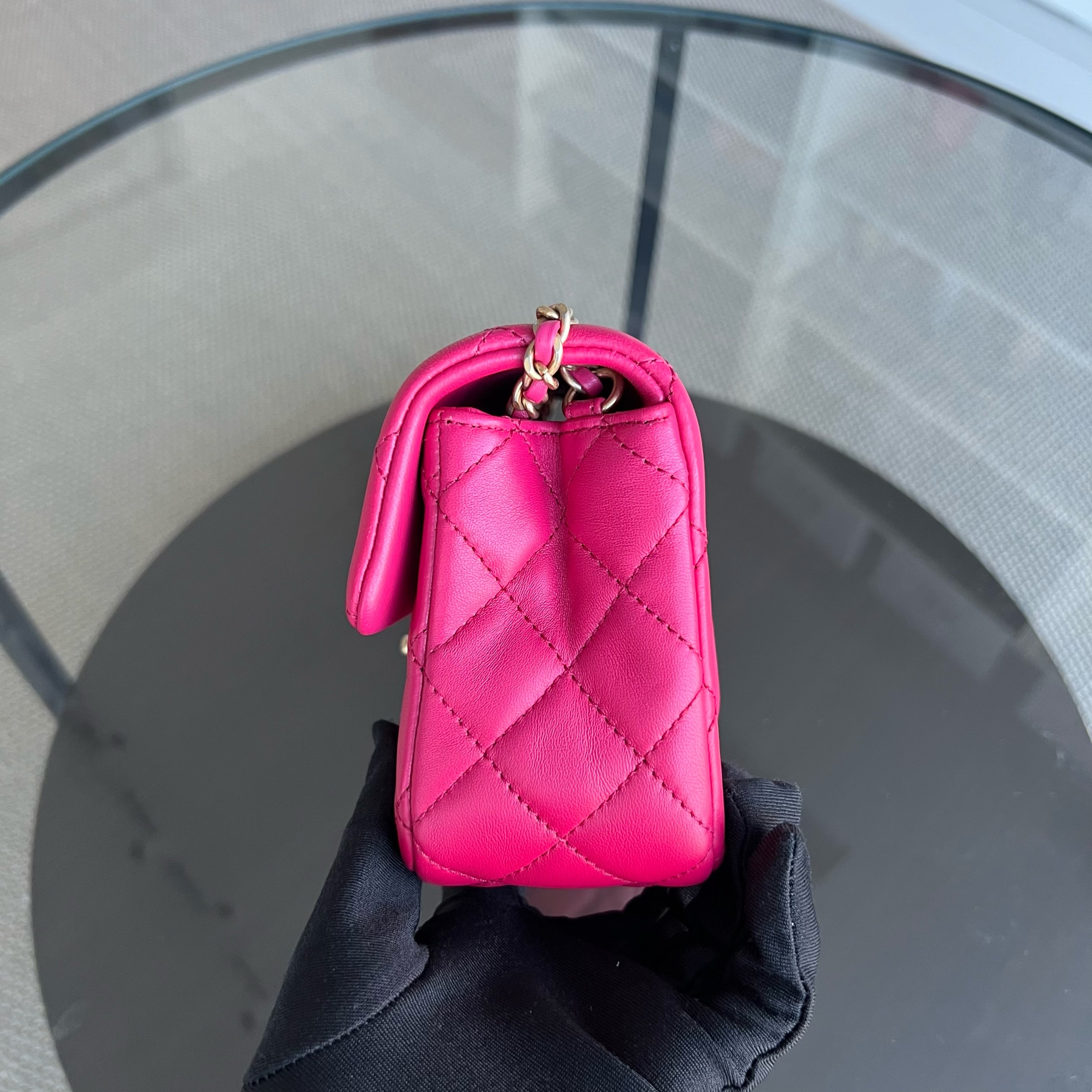 Chanel Pearl Crush Mini Rectangle Classic Flap Quilted Lambskin Hot Pink Golden Hardware Series 30 - Luxury Evermore