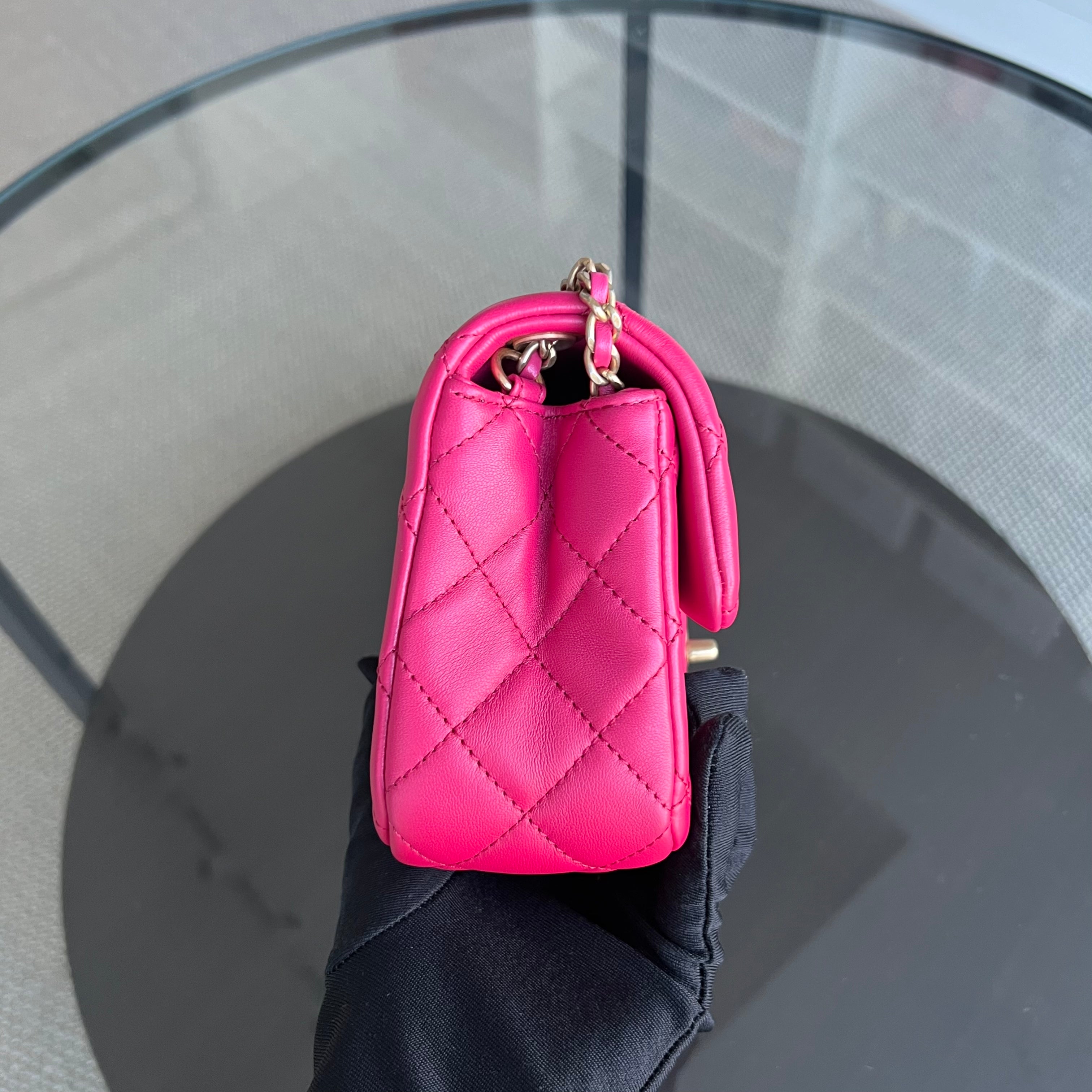 Chanel Pearl Crush Mini Rectangle Classic Flap Quilted Lambskin Hot Pink Golden Hardware Series 30 - Luxury Evermore