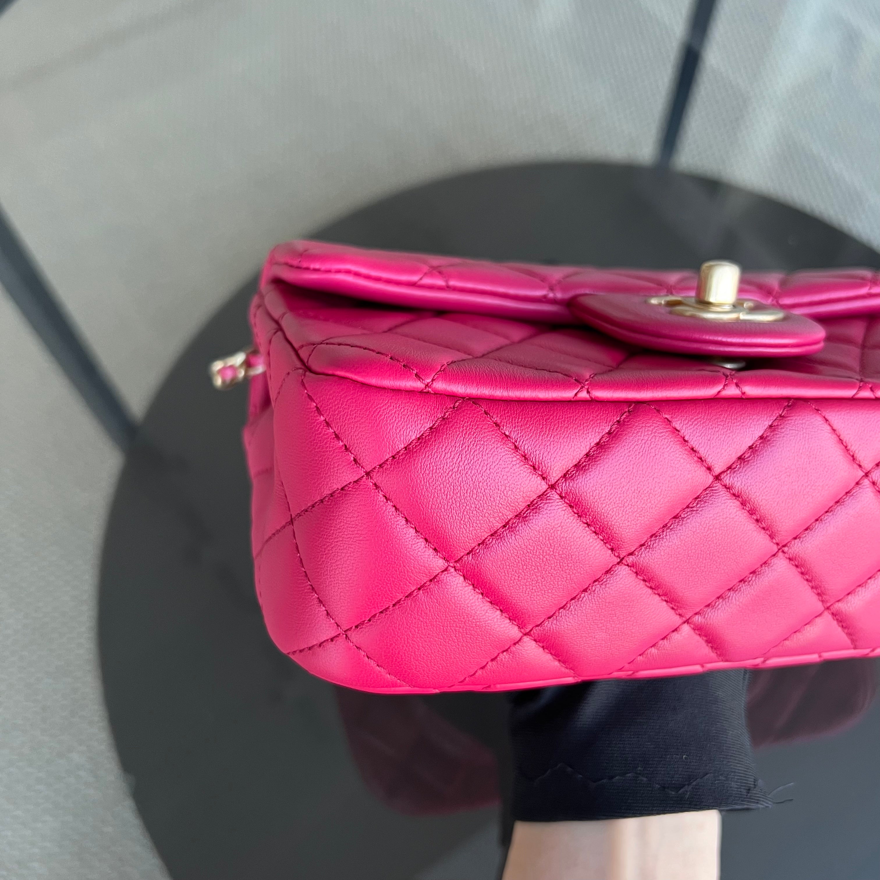 Chanel Pearl Crush Mini Rectangle Classic Flap Quilted Lambskin Hot Pink Golden Hardware Series 30 - Luxury Evermore