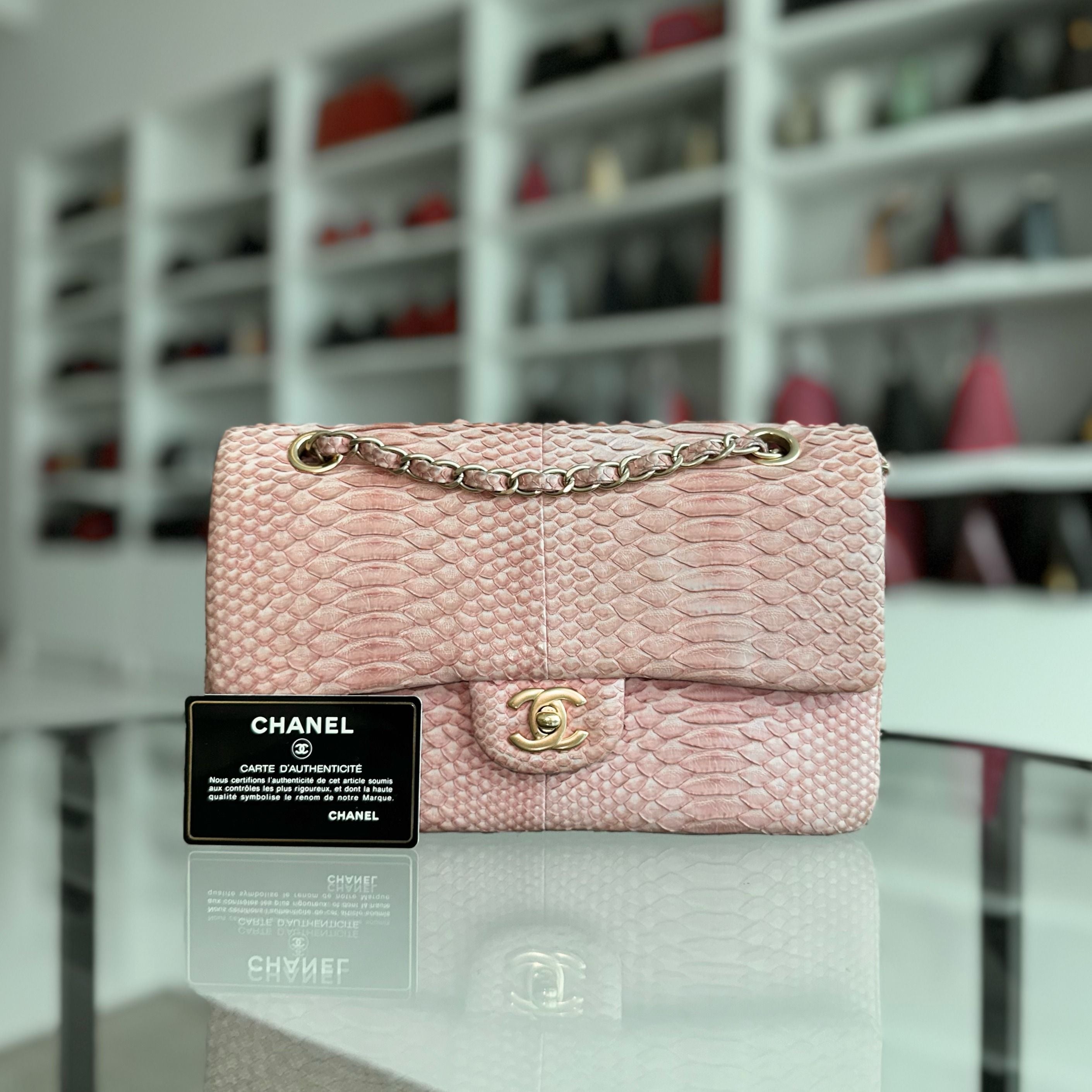 Chanel Python Classic Flap Medium Light Pink GHW No 13 - Luxury Evermore