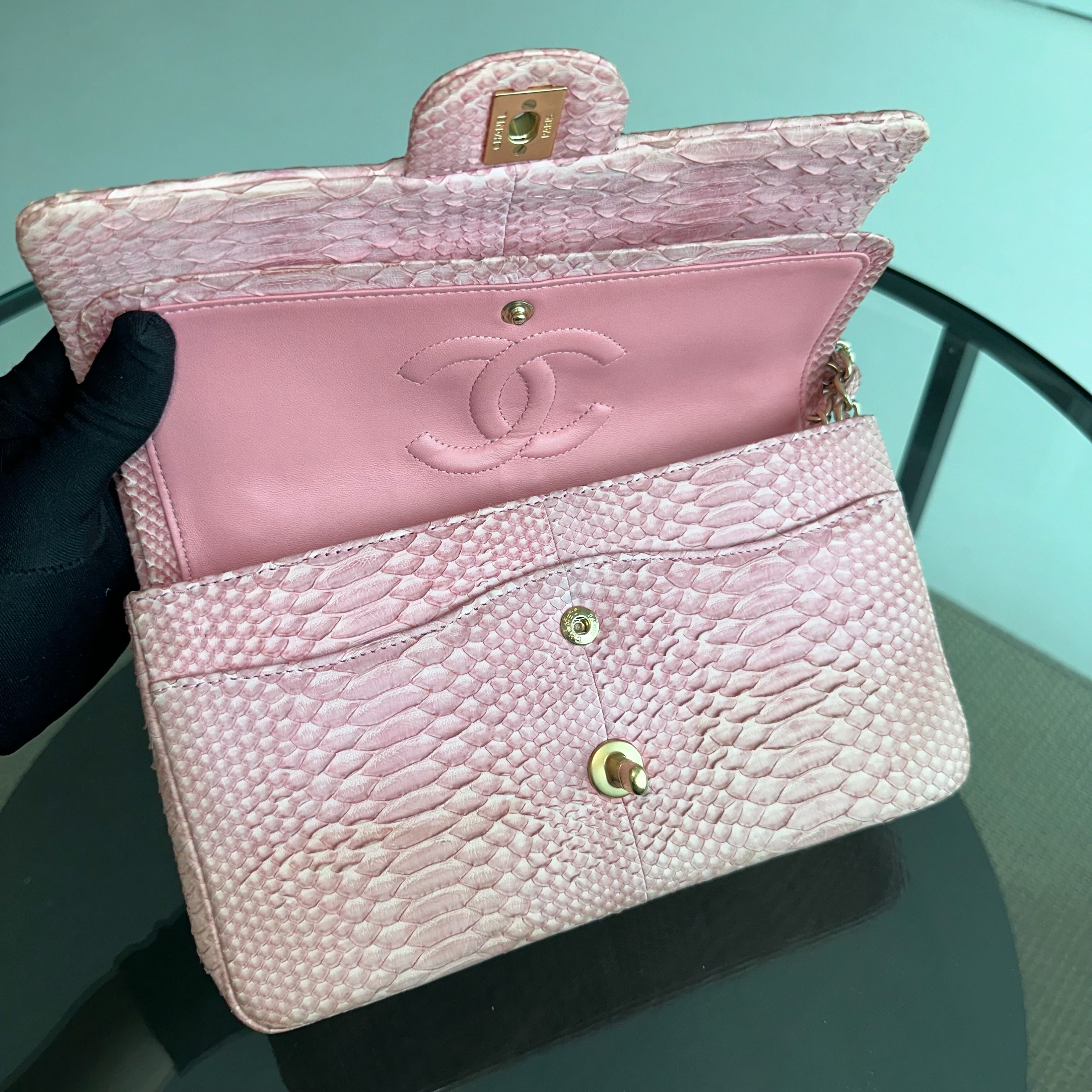 Chanel Python Classic Flap Medium Light Pink GHW No 13 - Luxury Evermore