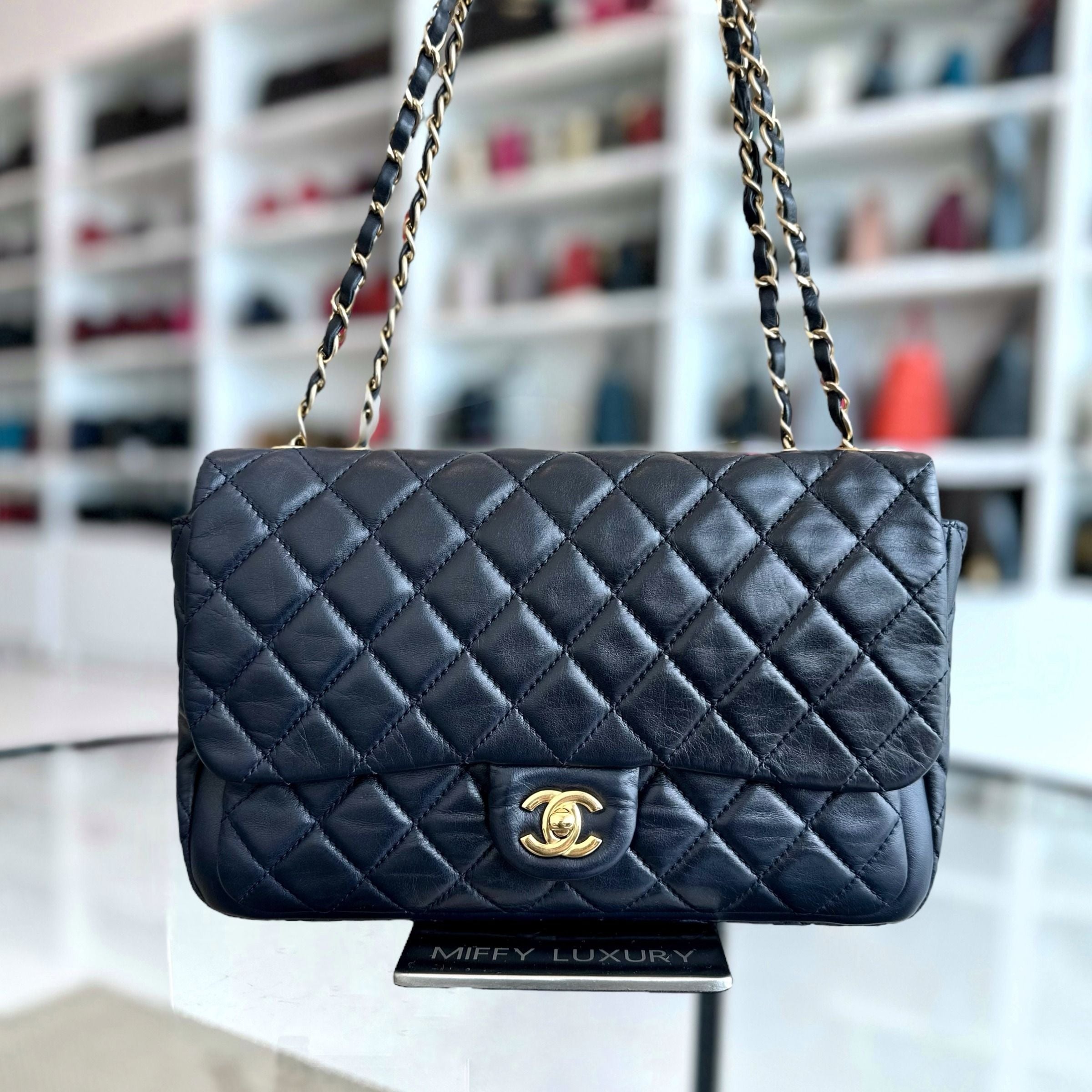 Chanel Seasonal Flap Jumbo 30CM Qulited Lambskin Dark Blue No 18 - Luxury Evermore