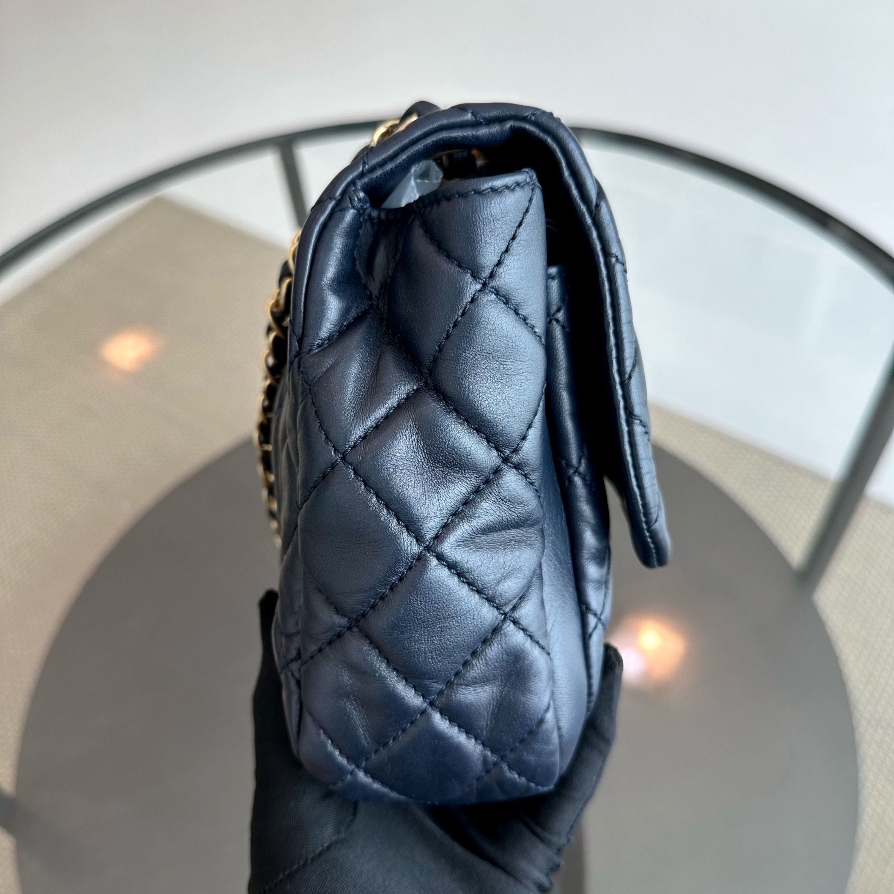 Chanel Seasonal Flap Jumbo 30CM Qulited Lambskin Dark Blue No 18 - Luxury Evermore