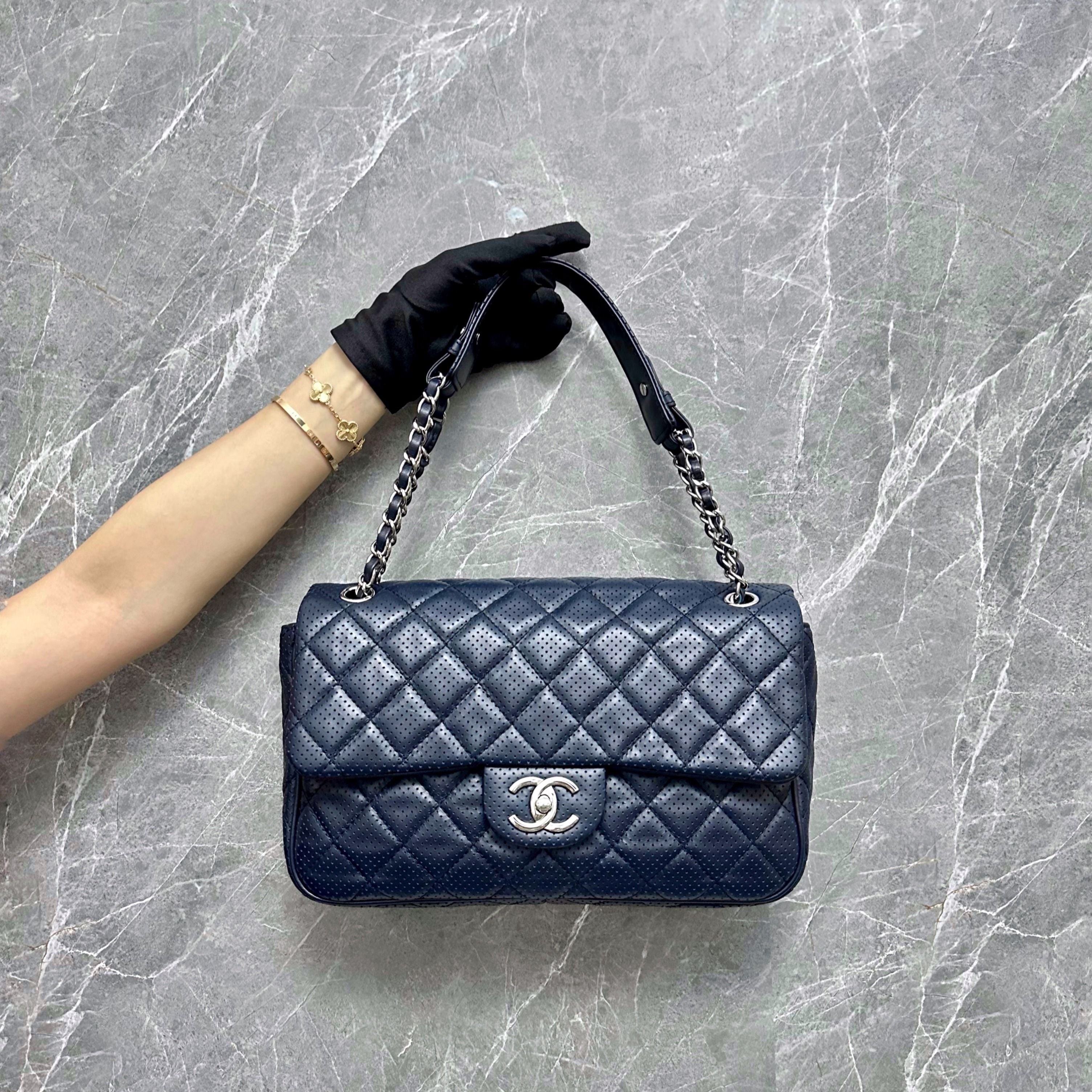 Chanel Seasonal Flap Perforated Calfskin Punch Navy Blue Shoulder Bag No 19 - Luxury Evermore