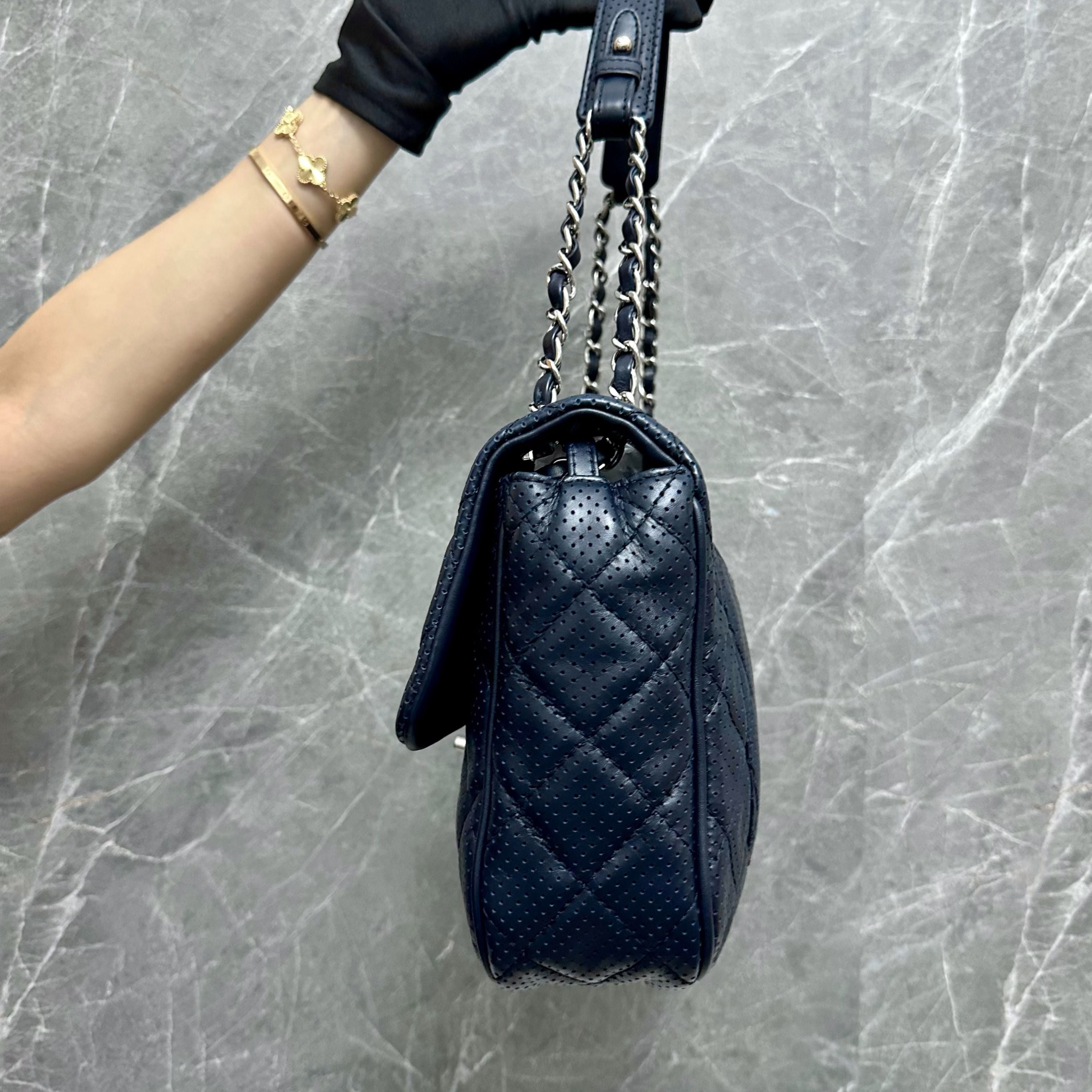 Chanel Seasonal Flap Perforated Calfskin Punch Navy Blue Shoulder Bag No 19 - Luxury Evermore