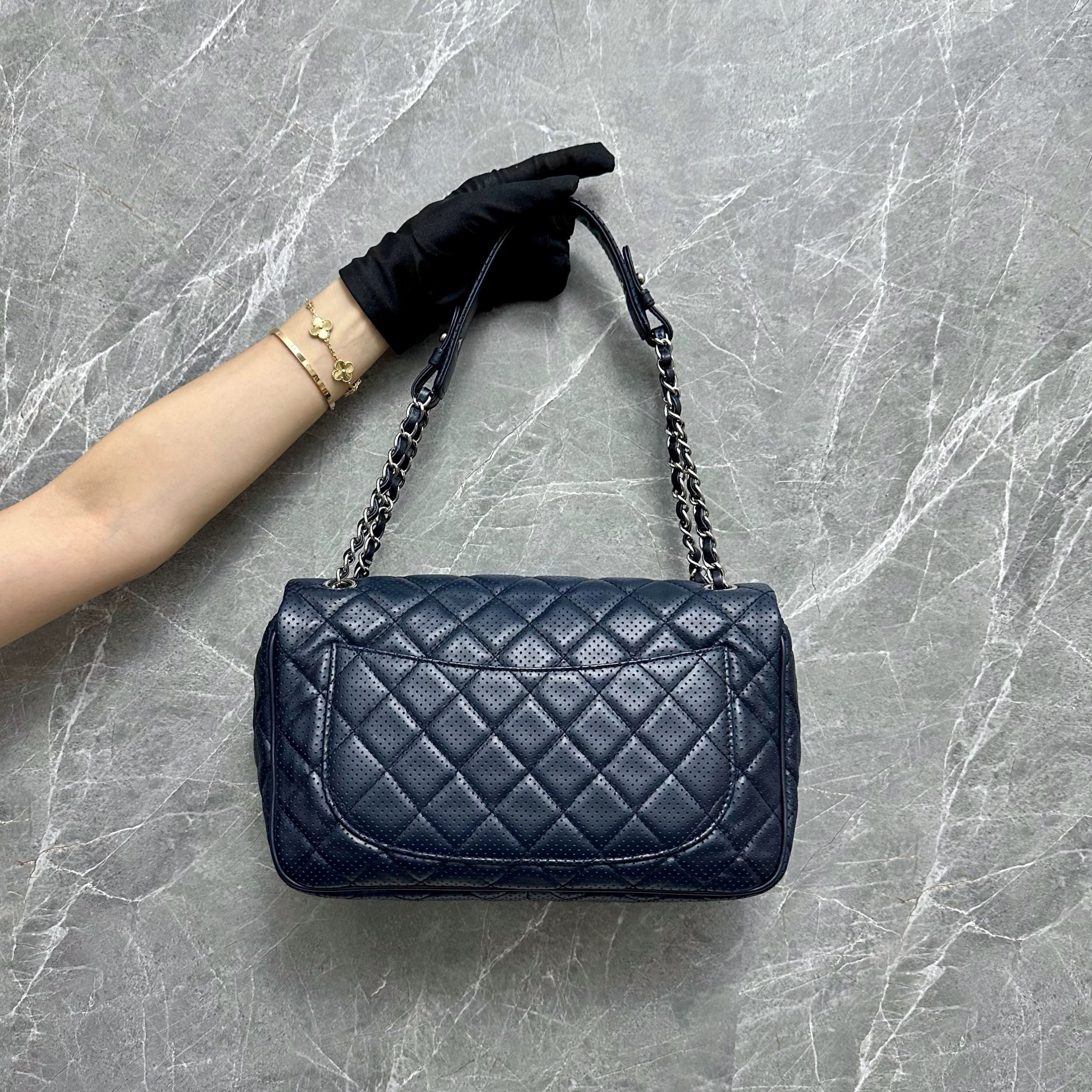 Chanel Seasonal Flap Perforated Calfskin Punch Navy Blue Shoulder Bag No 19 - Luxury Evermore