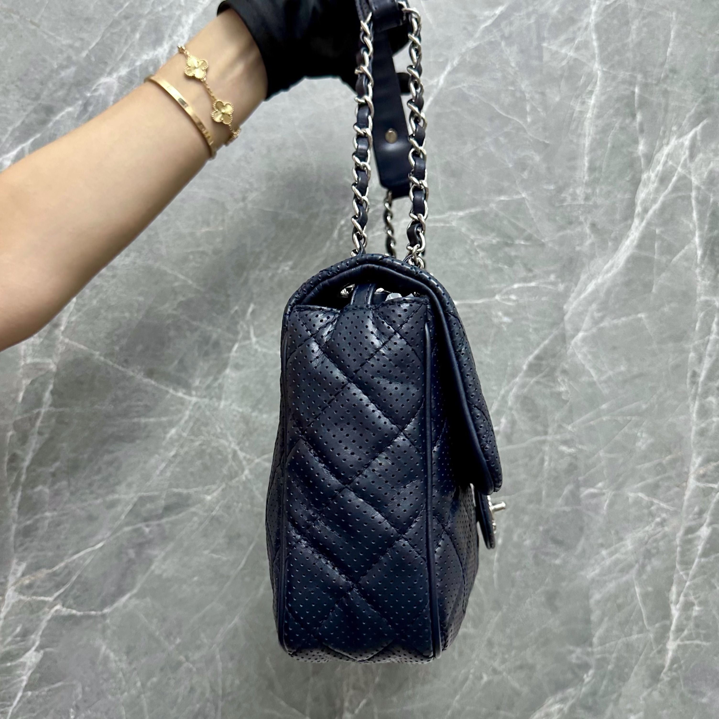 Chanel Seasonal Flap Perforated Calfskin Punch Navy Blue Shoulder Bag No 19 - Luxury Evermore