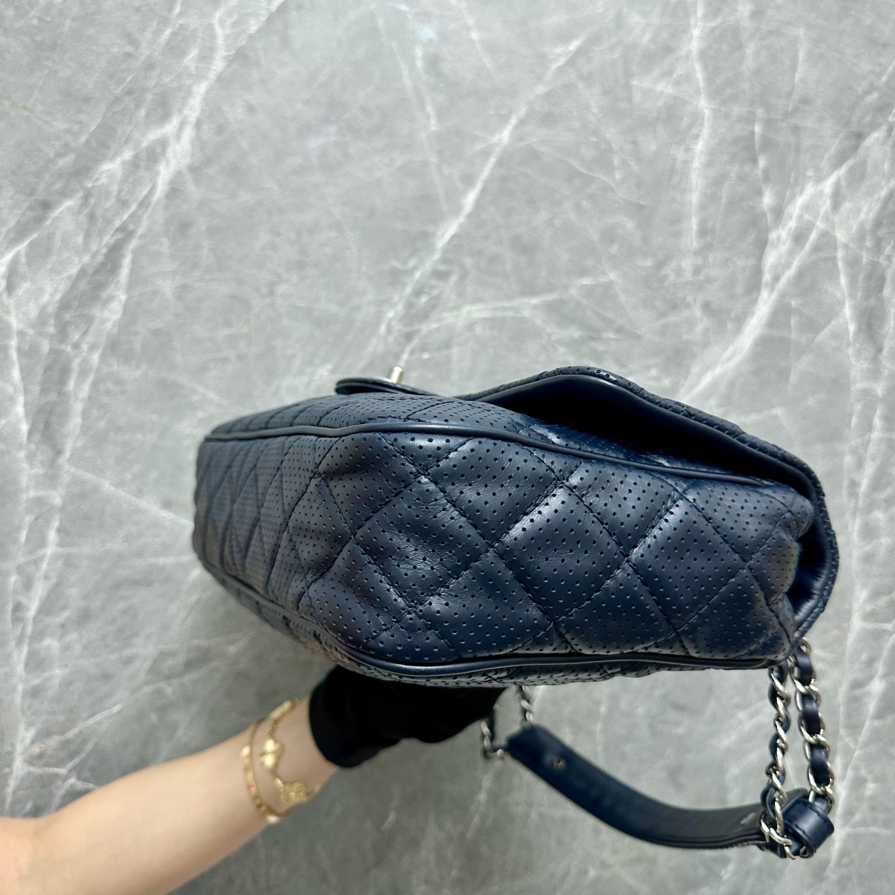 Chanel Seasonal Flap Perforated Calfskin Punch Navy Blue Shoulder Bag No 19 - Luxury Evermore