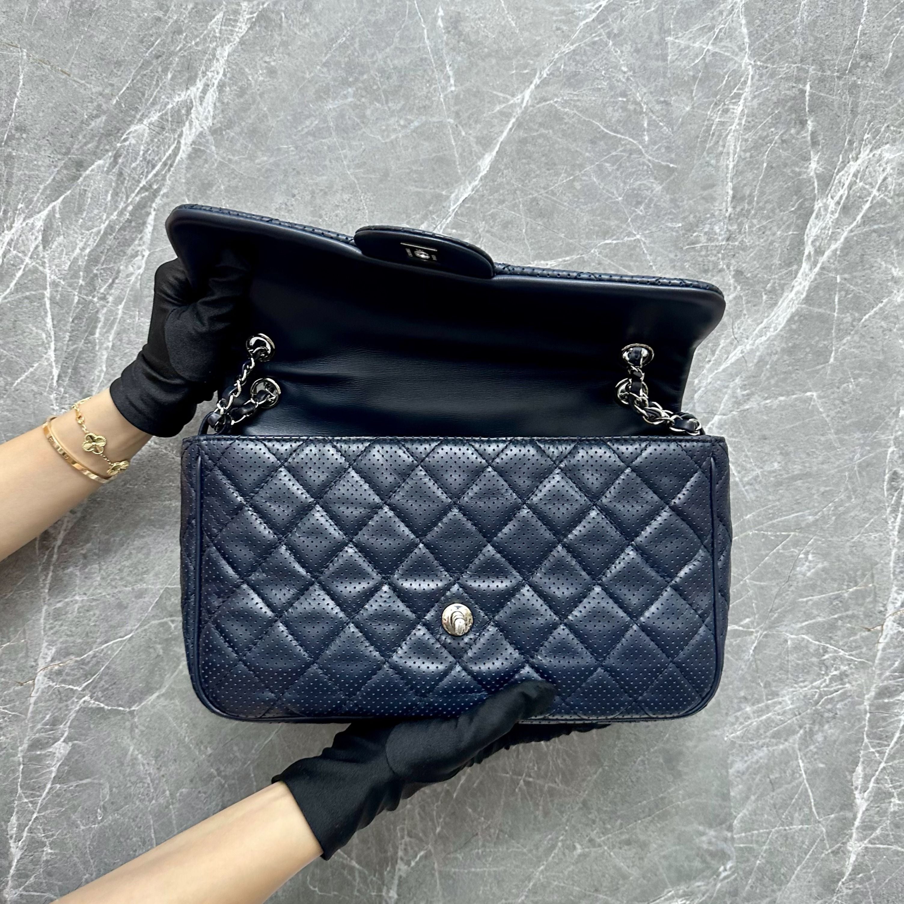 Chanel Seasonal Flap Perforated Calfskin Punch Navy Blue Shoulder Bag No 19 - Luxury Evermore