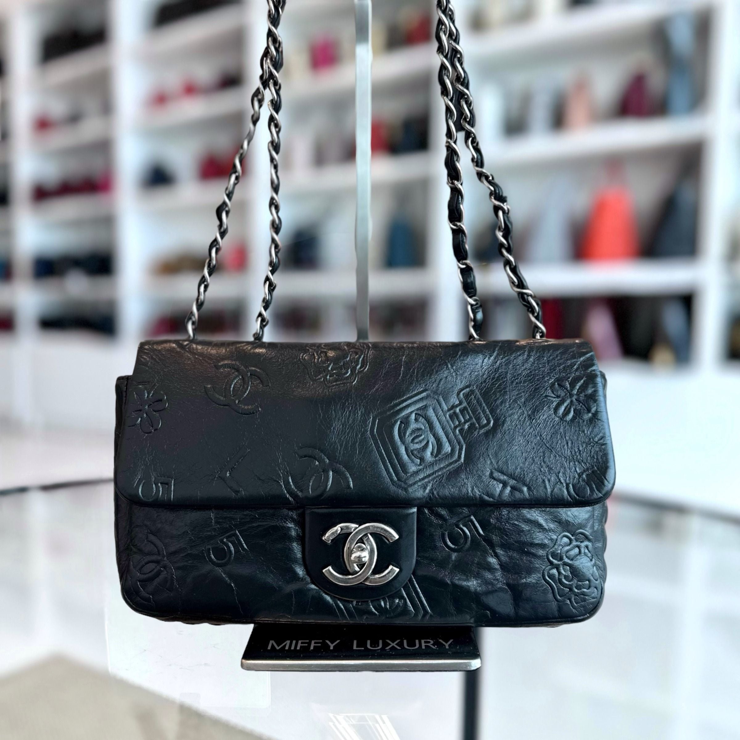 Chanel Seasonal Flap Previous Symbols Flap Bag Embossed Calfskin Black SHW No 19 - Luxury Evermore