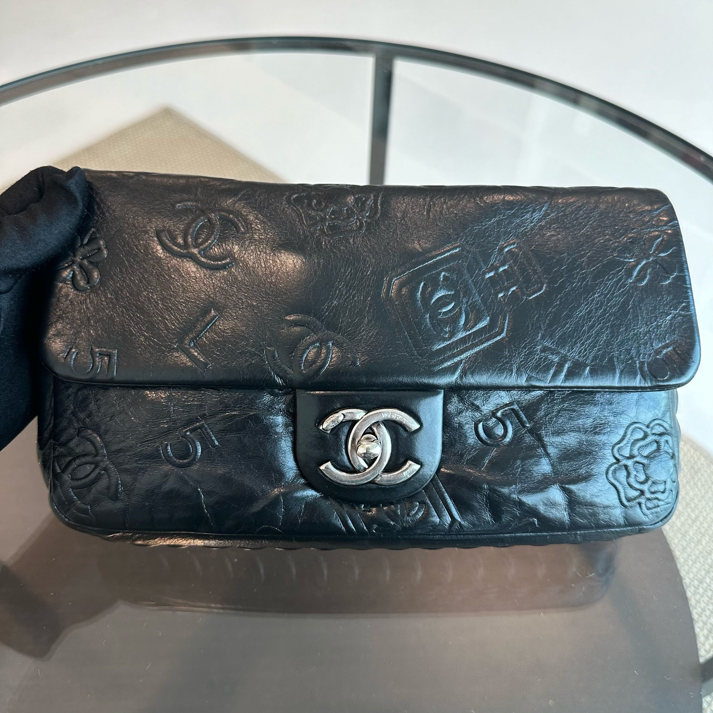 Chanel Seasonal Flap Previous Symbols Flap Bag Embossed Calfskin Black SHW No 19 - Luxury Evermore