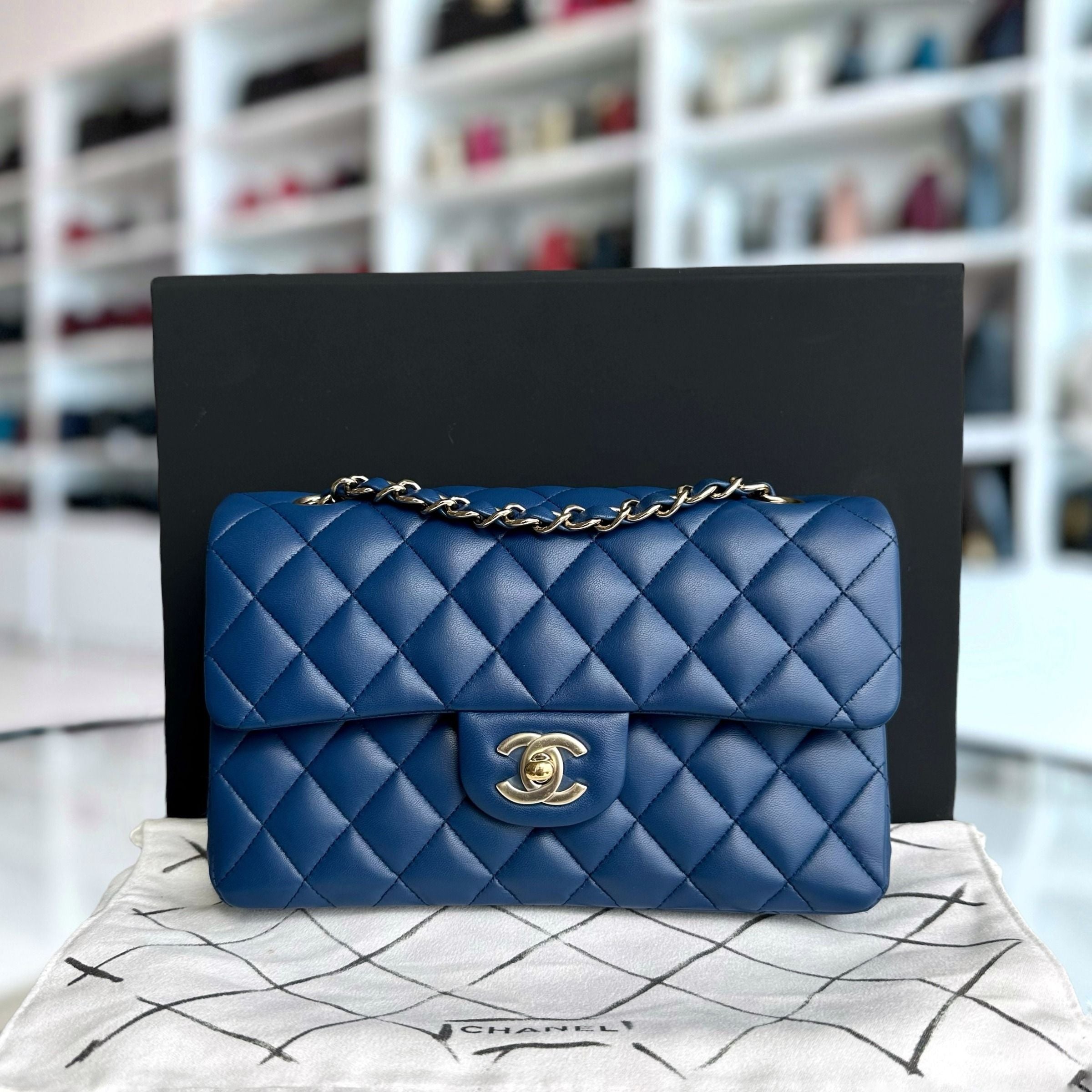 Chanel Small Classic Flap 23CM Quilted Lambskin Dark Blue SHW No 25 - Luxury Evermore