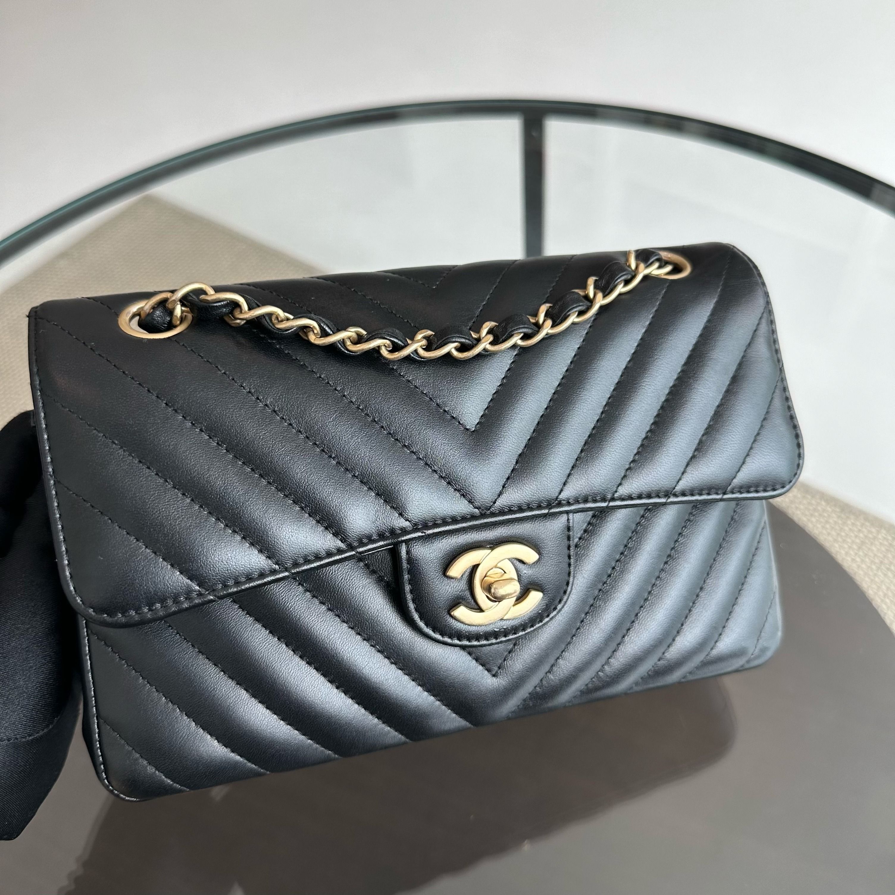 Chanel Small Classic Flap Lambskin 23cm Chevron Black GHW No 27 - Luxury Evermore