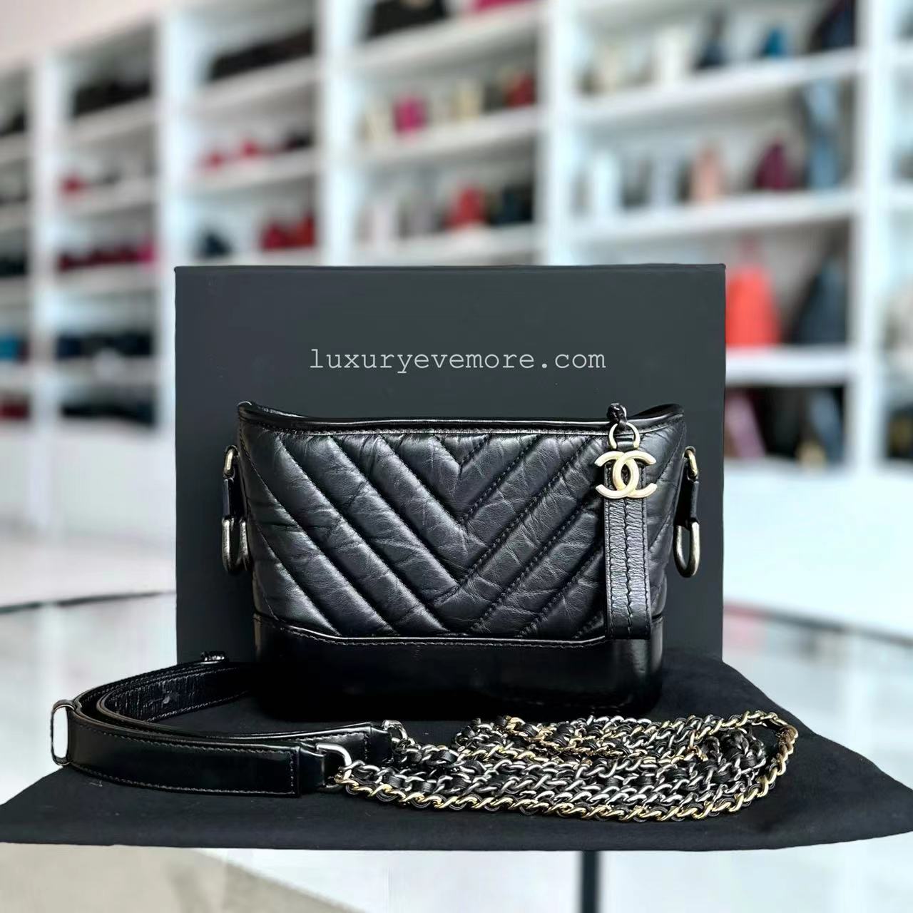 Chanel Small Gabrielle Chevron Calfskin Black Golden Hardware Series 27 - Luxury Evermore