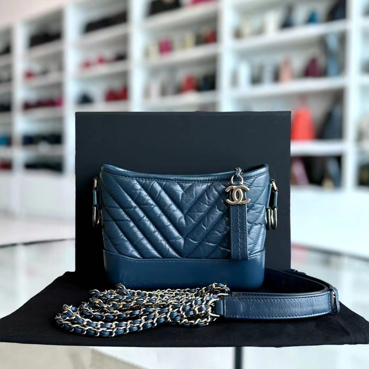 Chanel Small Gabrielle Hobo Chevron Calfskin Blue Two-Tone Hardware No 26 - Luxury Evermore