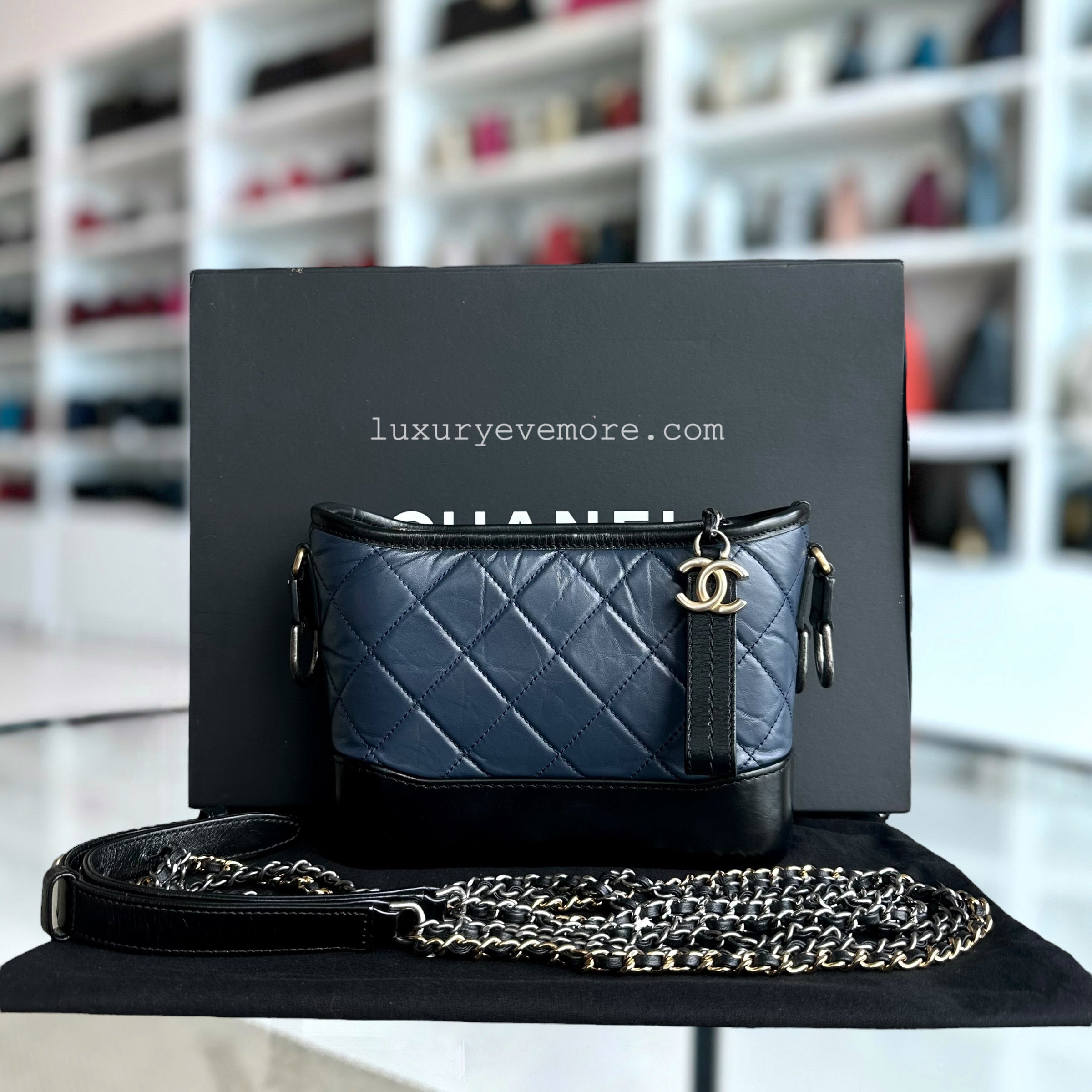 Chanel Small Gabrielle Hobo Quilted Calfskin Dark Blue Black Two-Tone Hardware - Luxury Evermore